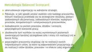 Metodologia Balanced Scorecard
 ukierunkowuje organizację na wdrożenie strategii,
 Pokazuje, w jaki sposób ustalać osobiste cele każdego pracownika,
których realizacja przekłada się na strategiczne rezultaty, postaci:
zadowolonych akcjonariuszy, zadowolonych klientów, wydajnych
procesów, kompetentnych i umotywowanych pracowników,
 kaskadowanie na poziom procesów, działów i wreszcie
poszczególnych stanowisk pracy,
 zbudowanie kart wyników na wyżej wymienionych poziomach
zawierających bardziej szczegółowe cele i miary ich realizacji niż w
karcie firmy,
 poszczególni pracownicy skupiając się na realizacji swoich
indywidualnych celów, za które są odpowiedzialni przyczyniają się
do realizacji celów działów, procesów i w efekcie całej organizacji.
 