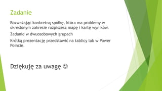 Zadanie
Rozważając konkretną spółkę, która ma problemy w
określonym zakresie rozpiszesz mapę i kartę wyników.
Zadanie w dwuosobowych grupach
Krótką prezentację przedstawić na tablicy lub w Power
Poincie.
Dziękuję za uwagę 
 