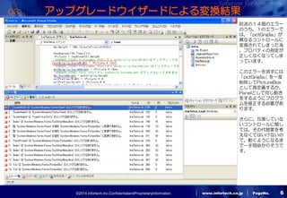 ©2014 infortech,Inc.ConfidentialandProprietaryInformation. 
www.infortech.co.jp 
PageNo. 
6 
03: アップグレードウイザードによる変換結果 
前述の１４個のエラー のうち、１のエラーで は、「pctGriglia」が 異なるコントロールに 変換されてしまった為 、プロパティの指定が 正しくなくなってしま っています。 
このエラーを消すには 
「pctGriglia」を一度 削除してPictureBox として再定義するか、 Panelとして同じ動き をするようにプログラ ムを修正する必要があ ります。 
さらに、互換していな いコントロールに関し ては、その代替案を考 えなくてはいけないの で、動くようになるま で一手間掛かりそうで す。  