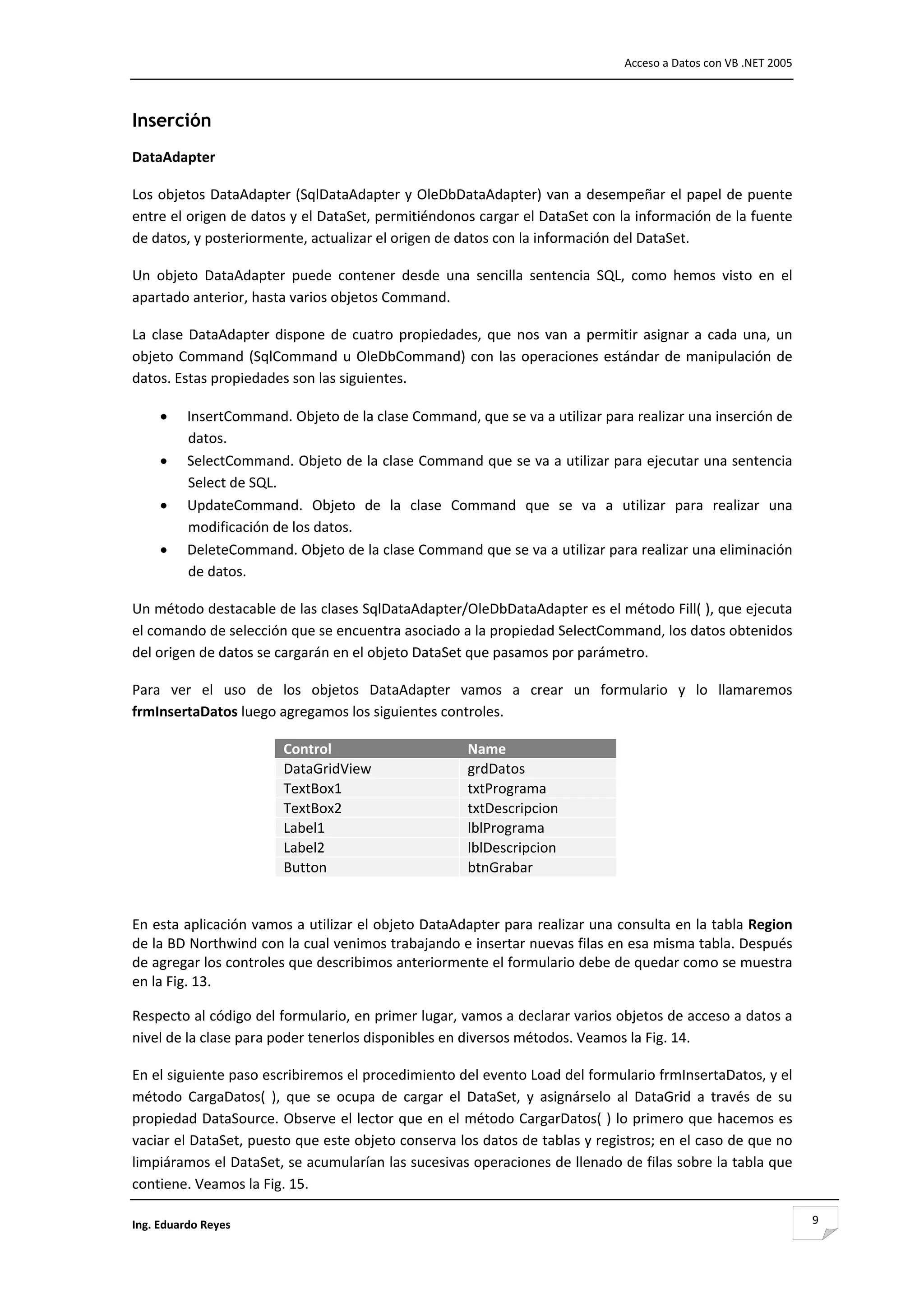                                                                                     Acceso a Datos con VB .NET 2005 



Inserción
DataAdapter 

Los objetos DataAdapter (SqlDataAdapter y OleDbDataAdapter) van a desempeñar el papel de puente 
entre el origen de datos y el DataSet, permitiéndonos cargar el DataSet con la información de la fuente 
de datos, y posteriormente, actualizar el origen de datos con la información del DataSet. 

Un  objeto  DataAdapter  puede  contener  desde  una  sencilla  sentencia  SQL,  como  hemos  visto  en  el 
apartado anterior, hasta varios objetos Command. 

La  clase  DataAdapter  dispone  de  cuatro  propiedades,  que  nos  van  a  permitir  asignar  a  cada  una,  un 
objeto  Command  (SqlCommand  u  OleDbCommand)  con  las  operaciones  estándar  de  manipulación  de 
datos. Estas propiedades son las siguientes. 

     •    InsertCommand. Objeto de la clase Command, que se va a utilizar para realizar una inserción de 
          datos. 
     •    SelectCommand. Objeto de la clase Command que se va a utilizar para ejecutar una sentencia 
          Select de SQL. 
     •    UpdateCommand.  Objeto  de  la  clase  Command  que  se  va  a  utilizar  para  realizar  una 
          modificación de los datos. 
     •    DeleteCommand. Objeto de la clase Command que se va a utilizar para realizar una eliminación 
          de datos. 

Un método destacable de las clases SqlDataAdapter/OleDbDataAdapter es el método Fill( ), que ejecuta 
el comando de selección que se encuentra asociado a la propiedad SelectCommand, los datos obtenidos 
del origen de datos se cargarán en el objeto DataSet que pasamos por parámetro. 

Para  ver  el  uso  de  los  objetos  DataAdapter  vamos  a  crear  un  formulario  y  lo  llamaremos 
frmInsertaDatos luego agregamos los siguientes controles.  

                          Control                            Name
                          DataGridView                       grdDatos
                          TextBox1                           txtPrograma
                          TextBox2                           txtDescripcion
                          Label1                             lblPrograma
                          Label2                             lblDescripcion
                          Button                             btnGrabar
 

En esta aplicación vamos a utilizar el objeto DataAdapter para realizar una consulta en la tabla Region 
de la BD Northwind con la cual venimos trabajando e insertar nuevas filas en esa misma tabla. Después 
de agregar los controles que describimos anteriormente el formulario debe de quedar como se muestra 
en la Fig. 13. 

Respecto al código del formulario, en primer lugar, vamos a declarar varios objetos de acceso a datos a 
nivel de la clase para poder tenerlos disponibles en diversos métodos. Veamos la Fig. 14. 

En el siguiente paso escribiremos el procedimiento del evento Load del formulario frmInsertaDatos, y el 
método  CargaDatos(  ),  que  se  ocupa  de  cargar  el  DataSet,  y  asignárselo  al  DataGrid  a  través  de  su 
propiedad DataSource. Observe el lector que en el método CargarDatos( ) lo primero que hacemos es 
vaciar el DataSet, puesto que este objeto conserva los datos de tablas y registros; en el caso de que no 
limpiáramos el DataSet, se acumularían las sucesivas operaciones de llenado de filas sobre la tabla que 
contiene. Veamos la Fig. 15. 

Ing. Eduardo Reyes                                                                                                      9
 
 