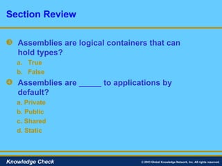 Assemblies are logical containers that can  hold types? True False Assemblies are _____ to applications by default? a.   Private b. Public c. Shared d. Static Section Review © 2003 Global Knowledge Network, Inc. All rights reserved. Knowledge Check 