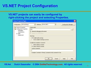 VS.NET Project Configuration VS.NET projects can easily be configured by  right-clicking the project and selecting Properties. 