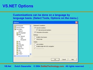 VS.NET Options Customizations can be done on a language by language basis. (Select Tools, Options on the menu.) 