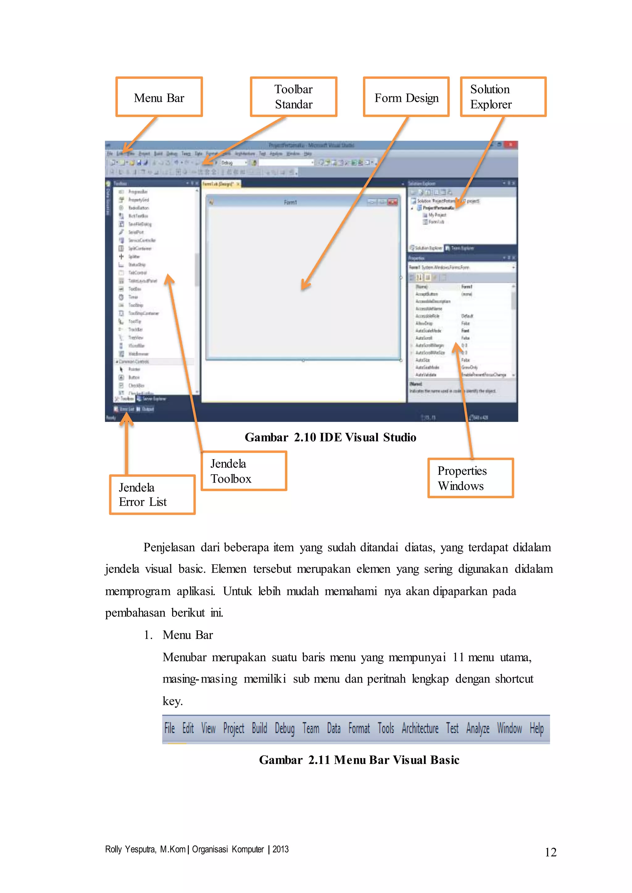 Rolly Yesputra, M.Kom | Organisasi Komputer | 2013 12
Gambar 2.10 IDE Visual Studio
Penjelasan dari beberapa item yang sudah ditandai diatas, yang terdapat didalam
jendela visual basic. Elemen tersebut merupakan elemen yang sering digunakan didalam
memprogram aplikasi. Untuk lebih mudah memahami nya akan dipaparkan pada
pembahasan berikut ini.
1. Menu Bar
Menubar merupakan suatu baris menu yang mempunyai 11 menu utama,
masing-masing memiliki sub menu dan peritnah lengkap dengan shortcut
key.
Gambar 2.11 Menu Bar Visual Basic
Menu Bar
Toolbar
Standar
Form Design
Solution
Explorer
Properties
Windows
Jendela
Toolbox
Jendela
Error List
 