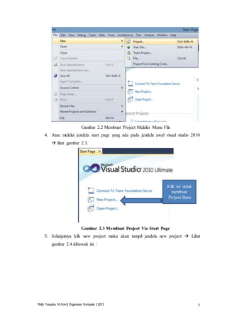 Rolly Yesputra, M.Kom | Organisasi Komputer | 2013 7
Gambar 2.2 Membuat Project Melalui Menu File
4. Atau melalui jendela start page yang ada pada jendela awal visual studio 2010
 lihat gambar 2.3.
Gambar 2.3 Membuat Project Via Start Page
5. Selanjutnya klik new project maka akan tampil jendela new project  Lihat
gambar 2.4 dibawah ini :
Klik ini untuk
membuat
Project Baru
 