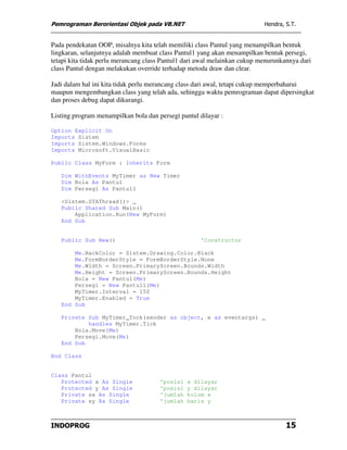 Pemrograman Berorientasi Objek pada VB.NET                                 Hendra, S.T.


Pada pendekatan OOP, misalnya kita telah memiliki class Pantul yang menampilkan bentuk
lingkaran, selanjutnya adalah membuat class Pantul1 yang akan menampilkan bentuk persegi,
tetapi kita tidak perlu merancang class Pantul1 dari awal melainkan cukup menurunkannya dari
class Pantul dengan melakukan override terhadap metoda draw dan clear.

Jadi dalam hal ini kita tidak perlu merancang class dari awal, tetapi cukup memperbaharui
maupun mengembangkan class yang telah ada, sehingga waktu pemrograman dapat dipersingkat
dan proses debug dapat dikurangi.

Listing program menampilkan bola dan persegi pantul dilayar :

Option Explicit On
Imports Sistem
Imports Sistem.Windows.Forms
Imports Microsoft.VisualBasic

Public Class MyForm : Inherits Form

   Dim WithEvents MyTimer as New Timer
   Dim Bola As Pantul
   Dim Persegi As Pantul1

   <Sistem.STAThread()> _
   Public Shared Sub Main()
       Application.Run(New MyForm)
   End Sub


   Public Sub New()                                  'Constructor

       Me.BackColor = Sistem.Drawing.Color.Black
       Me.FormBorderStyle = FormBorderStyle.None
       Me.Width = Screen.PrimaryScreen.Bounds.Width
       Me.Height = Screen.PrimaryScreen.Bounds.Height
       Bola = New Pantul(Me)
       Persegi = New Pantul1(Me)
       MyTimer.Interval = 150
       MyTimer.Enabled = True
   End Sub

   Private Sub MyTimer_Tock(sender as object, e as eventargs) _
           handles MyTimer.Tick
       Bola.Move(Me)
       Persegi.Move(Me)
   End Sub

End Class


Class Pantul
   Protected x As Single              'posisi   x dilayar
   Protected y As Single              'posisi   y dilayar
   Private sx As Single               'jumlah   kolom x
   Private sy As Single               'jumlah   baris y



INDOPROG                                                                           15
 