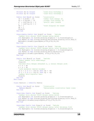 Pemrograman Berorientasi Objek pada VB.NET                      Hendra, S.T.


   Private dx As Single           'arah bola terhadap x
   Private dy As Single           'arah bola terhadap y

   Public Sub New(f as form)      'constructor
     sx = f.width  30            'lebar form dibagi 30
     sy = f.height  30           'tinggi form dibagi 30
     x = rnd*(sx-2) + 2           'posisi awal random
     y = rnd*(sy-2) + 2
     dx = 1                       'arah diagonal ke bawah
     dy = 1
     Draw(f)
   End Sub

   Overridable Public Sub Draw(f as form)   'metoda
     'gambar bola ukuran 30x30 dengan warna merah
     Dim MyGraphic As Sistem.Drawing.Graphics = f.CreateGraphics
     Dim MyPen As New Sistem.Drawing.Pen(Sistem.Drawing.Color.Red,3)
     MyGraphic.DrawEllipse(MyPen,x*30,y*30,30,30)
   End Sub

   Overridable Public Sub Clear(f as form) 'metoda
     'gambar bola ukuran 30x30 dengan warna latar belakang form
     Dim MyGraphic As Sistem.Drawing.Graphics = f.CreateGraphics
     Dim MyPen As New Sistem.Drawing.Pen(f.BackColor,3)
     MyGraphic.DrawEllipse(MyPen, x*30,y*30,30,30)
   End Sub

   Public Sub Move(f as form)   'metoda
     'hapus gambar bola sebelumnya
     Clear(f)
     'gerakan bola dengan mengubah x, y sesuai dengan arah
     x = x + dx
     y = y + dy
     'jika mengenai daerah bingkai
     If x < 2 or x > (sx-2) Then dx = -dx
     If y < 2 or y > (sy-2) Then dy = -dy
     'gambar bola diposisi baru
     Draw(f)
   End Sub
End Class

Class Pantul1 : Inherits Pantul

   Public Sub New(f as form)      'constructor
      MyBase.New(f)               'menjalankan constructor base class
   End Sub

   Overrides Public Sub Draw(f as form)   'metoda
     'gambar bola ukuran 30x30 dengan warna merah
     Dim MyGraphic As Sistem.Drawing.Graphics = f.CreateGraphics
     Dim MyPen As New Sistem.Drawing.Pen(Sistem.Drawing.Color.Red,3)
     MyGraphic.DrawRectangle(MyPen,x*30,y*30,30,30)
   End Sub

   Overrides Public Sub Clear(f as form) 'metoda
     'gambar bola ukuran 30x30 dengan warna latar belakang form
     Dim MyGraphic As Sistem.Drawing.Graphics = f.CreateGraphics


INDOPROG                                                                16
 