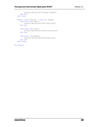 Pemrograman Berorientasi Objek pada VB.NET      Hendra, S.T.


          Console.WriteLine("Selamat Malam")
      End Sub
   End Class

   Public Class English : Inherits Sapaan
      Overrides Sub Pagi()
          Console.WriteLine("Good Morning")
      End Sub

      Overrides Sub Sore()
          Console.WriteLine("Good Afternoon")
      End Sub

      Overrides Sub Malam()
          Console.WriteLine("Good Evening")
      End Sub
   End Class

End Module




INDOPROG                                                28
 