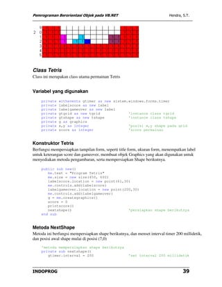 Pemrograman Berorientasi Objek pada VB.NET                                 Hendra, S.T.




Class Tetris
Class ini merupakan class utama permainan Tetris


Variabel yang digunakan
    private   withevents gtimer as new sistem.windows.forms.timer
    private   labelscore as new label
    private   labelgameover as new label
    private   gtgrid as new tgrid             'instance class tgrid
    private   gtshape as new tshape           'instance class tshape
    private   g as graphics
    private   x,y as integer                  'posisi x,y shape pada grid
    private   score as integer                'score permainan


Konstruktor Tetris
Berfungsi mempersiapkan tampilan form, seperti title form, ukuran form, menempatkan label
untuk keterangan score dan gameover, membuat objek Graphics yang akan digunakan untuk
menyediakan metoda pengambaran, serta mempersiapkan Shape berikutnya.

    public sub new()
       me.text = "Program Tetris"
       me.size = new size(450, 600)
       labelscore.location = new point(61,30)
       me.controls.add(labelscore)
       labelgameover.location = new point(200,30)
       me.controls.add(labelgameover)
       g = me.creategraphics()
       score = 0
       printscore()
       nextshape()                          'persiapkan shape berikutnya
    end sub


Metoda NextShape
Metoda ini berfungsi mempersiapkan shape berikutnya, dan menset interval timer 200 millidetik,
dan posisi awal shape mulai di posisi (7,0)
    'metoda mempersiapkan shape berikutnya
    private sub nextshape()
       gtimer.interval = 200                         'set interval 200 millidetik



INDOPROG                                                                           39
 
