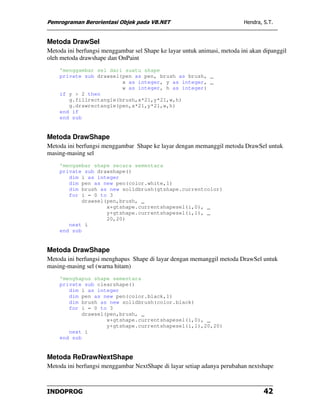Pemrograman Berorientasi Objek pada VB.NET                                Hendra, S.T.


Metoda DrawSel
Metoda ini berfungsi menggambar sel Shape ke layar untuk animasi, metoda ini akan dipanggil
oleh metoda drawshape dan OnPaint
    'menggambar sel dari suatu shape
    private sub drawsel(pen as pen, brush as brush, _
                        x as integer, y as integer, _
                        w as integer, h as integer)
    if y > 2 then
       g.fillrectangle(brush,x*21,y*21,w,h)
       g.drawrectangle(pen,x*21,y*21,w,h)
    end if
    end sub


Metoda DrawShape
Metoda ini berfungsi menggambar Shape ke layar dengan memanggil metoda DrawSel untuk
masing-masing sel
    'mengambar shape secara sementara
    private sub drawshape()
       dim i as integer
       dim pen as new pen(color.white,1)
       dim brush as new solidbrush(gtshape.currentcolor)
       for i = 0 to 3
            drawsel(pen,brush, _
                    x+gtshape.currentshapesel(i,0), _
                    y+gtshape.currentshapesel(i,1), _
                    20,20)
       next i
    end sub


Metoda DrawShape
Metoda ini berfungsi menghapus Shape di layar dengan memanggil metoda DrawSel untuk
masing-masing sel (warna hitam)
    'menghapus shape sementara
    private sub clearshape()
       dim i as integer
       dim pen as new pen(color.black,1)
       dim brush as new solidbrush(color.black)
       for i = 0 to 3
            drawsel(pen,brush, _
                    x+gtshape.currentshapesel(i,0), _
                    y+gtshape.currentshapesel(i,1),20,20)
       next i
    end sub


Metoda ReDrawNextShape
Metoda ini berfungsi menggambar NextShape di layar setiap adanya perubahan nextshape



INDOPROG                                                                          42
 