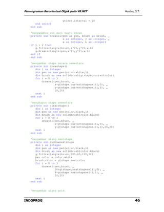 Pemrograman Berorientasi Objek pada VB.NET                  Hendra, S.T.


                         gtimer.interval = 10
       end select
    end sub

    'menggambar sel dari suatu shape
    private sub drawsel(pen as pen, brush as brush, _
                        x as integer, y as integer, _
                        w as integer, h as integer)
    if y > 2 then
       g.fillrectangle(brush,x*21,y*21,w,h)
       g.drawrectangle(pen,x*21,y*21,w,h)
    end if
    end sub

    'mengambar shape secara sementara
    private sub drawshape()
       dim i as integer
       dim pen as new pen(color.white,1)
       dim brush as new solidbrush(gtshape.currentcolor)
       for i = 0 to 3
            drawsel(pen,brush, _
                    x+gtshape.currentshapesel(i,0), _
                    y+gtshape.currentshapesel(i,1), _
                    20,20)
       next i
    end sub

    'menghapus shape sementara
    private sub clearshape()
       dim i as integer
       dim pen as new pen(color.black,1)
       dim brush as new solidbrush(color.black)
       for i = 0 to 3
            drawsel(pen,brush, _
                    x+gtshape.currentshapesel(i,0), _
                    y+gtshape.currentshapesel(i,1),20,20)
       next i
    end sub

    'mengambar ulang nextshape
    private sub redrawnextshape
       dim i as integer
       dim pen as new pen(color.black,1)
       dim brush as new solidbrush(color.black)
       g.fillrectangle(brush,300,60,120,120)
       pen.color = color.white
       brush.color = gtshape.nextcolor
       for i = 0 to 3
            drawsel(pen,brush, _
                    16+gtshape.nextshapesel(i,0), _
                    4+gtshape.nextshapesel(i,1), _
                    20,20)
       next i
    end sub


    'mengambar ulang grid


INDOPROG                                                            46
 