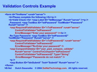 Validation Controls Example <form id=&quot;frmName&quot; runat=&quot;server&quot;> <b>Please complete the following:</b><p /> <b>Valid Check:</b> <asp:Label ID=&quot;lblMessage&quot; Runat=&quot;server&quot; /><p />   Password: <asp:TextBox ID=&quot;txtPassword&quot; TextMode=&quot;Password&quot; Runat=&quot;server&quot; />   <asp:RequiredFieldValidator ID=&quot;vTxtPassword&quot; runat=&quot;server&quot;  ControlToValidate=&quot;txtPassword&quot;  ErrorMessage=&quot;Enter your password!&quot; />< br />   Re-Type Password: <asp:TextBox ID=&quot;txtPassword2&quot; TextMode=&quot;Password&quot; Runat=&quot;server&quot; />   <asp:RequiredFieldValidator ID=&quot;vTxtPassword2&quot; runat=&quot;server&quot;  ControlToValidate=&quot;txtPassword2&quot;  ErrorMessage=&quot;Re-Enter your password!&quot; />   <asp:CompareValidator ID=&quot;user_pwd_compare_validate&quot;  Runat=&quot;server&quot; ControlToCompare=&quot;txtPassword&quot;  ControlToValidate=&quot;txtPassword2&quot; Type=&quot;String&quot;    ErrorMessage=&quot;Passwords do not match!&quot; />   <p />   <asp:Button ID=&quot;btnSubmit&quot; Text=&quot;Submit!&quot; Runat=&quot;server&quot; /> </form> 