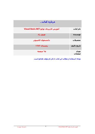 ‫آﺘﺎب…‬      ‫درﺑﺎرﻩ‬

              ‫ﺁﻣﻮزش آﺎرﺑﺮدي ﺗﻮاﺑﻊ ‪Visual Basic.NET‬‬                               ‫ﻧﺎم آﺘﺎب‬

                            ‫ﺑﻬﺮوز راد‬                                            ‫ﻧﻮﻳﺴﻨﺪﻩ‬


                       ‫داﻧﺸﺠﻮي آﺎﻣﭙﻴﻮﺗﺮ‬                                         ‫ﺗﺤﺼﻴﻼت‬

                         ‫زﻣﺴﺘﺎن ٢٨٣١‬                                         ‫ﺗﺎرﻳﺦ ﺗﺎﻟﻴﻒ‬

                           ‫٥٦ ﺻﻔﺤﻪ‬                                                  ‫ﺗﻌﺪاد‬
                                                                                  ‫ﺻﻔﺤﺎت‬

                       ‫ﺗﻮﺟﻪ: اﺳﺘﻔﺎدﻩ از ﻣﻄﺎﻟﺐ اﻳﻦ آﺘﺎب ﺑﺎ ذآﺮ ﻧﺎم ﻣﺆﻟﻒ ﺑﻼﻣﺎﻧﻊ اﺳﺖ.‬




‫ﺑﻪ وﺳﻴﻠﻪ: ﺑﻬﺮوز راد‬                  ‫٢‬                ‫ﺁﻣﻮزش آﺎرﺑﺮدي ﺗﻮاﺑﻊ ‪Visual Basic.NET‬‬
 