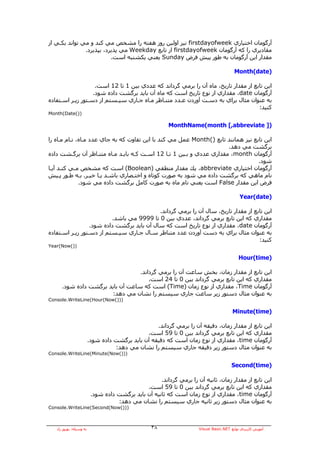 ‫ﺁرﮔﻮﻣﺎن اﺧﺘﻴﺎري ‪ firstdayofweek‬ﻧﻴﺰ اوﻟﻴﻦ روز هﻔﺘﻪ را ﻣﺸﺨﺺ ﻣﻲ آﻨﺪ و ﻣﻲ ﺗﻮاﻧﺪ ﻳﻜـﻲ از‬
               ‫ﻣﻘﺎدﻳﺮي را آﻪ ﺁرﮔﻮﻣﺎن ‪ firstdayofweek‬از ﺗﺎﺑﻊ ‪ Weekday‬ﻣﻲ ﭘﺬﻳﺮد، ﺑﭙﺬﻳﺮد.‬
                          ‫ﻣﻘﺪار اﻳﻦ ﺁرﮔﻮﻣﺎن ﺑﻪ ﻃﻮر ﭘﻴﺶ ﻓﺮض ‪ Sunday‬ﻳﻌﻨﻲ ﻳﻜﺸﻨﺒﻪ اﺳﺖ.‬

                                                                                         ‫)‪Month(date‬‬

                    ‫اﻳﻦ ﺗﺎﺑﻊ از ﻣﻘﺪار ﺗﺎرﻳﺦ، ﻣﺎﻩ ﺁن را ﺑﺮﻣﻲ ﮔﺮداﻧﺪ آﻪ ﻋﺪدي ﺑﻴﻦ 1 ﺗﺎ 21 اﺳﺖ.‬
                   ‫ﺁرﮔﻮﻣﺎن ‪ ،date‬ﻣﻘﺪاري از ﻧﻮع ﺗﺎرﻳﺦ اﺳﺖ آﻪ ﻣﺎﻩ ﺁن ﺑﺎﻳﺪ ﺑﺮﮔﺸﺖ دادﻩ ﺷﻮد.‬
‫ﺑﻪ ﻋﻨﻮان ﻣﺜﺎل ﺑﺮاي ﺑﻪ دﺳـﺖ ﺁوردن ﻋـﺪد ﻣﺘﻨـﺎﻇﺮ ﻣـﺎﻩ ﺟـﺎري ﺳﻴـﺴﺘﻢ از دﺳـﺘﻮر زﻳـﺮ اﺳـﺘﻔﺎدﻩ‬
                                                                                     ‫آﻨﻴﺪ:‬
‫))(‪Month(Date‬‬

                                                          ‫)] ‪MonthName(month [,abbreviate‬‬

‫اﻳﻦ ﺗﺎﺑﻊ ﻧﻴﺰ هﻤﺎﻧﻨﺪ ﺗﺎﺑﻊ )(‪ Month‬ﻋﻤﻞ ﻣﻲ آﻨﺪ ﺑﺎ اﻳﻦ ﺗﻔﺎوت آﻪ ﺑﻪ ﺟﺎي ﻋﺪد ﻣـﺎﻩ، ﻧـﺎم ﻣـﺎﻩ را‬
                                                                      ‫ﺑﺮﮔﺸﺖ ﻣﻲ دهﺪ.‬
‫ﺁرﮔﻮﻣﺎن ‪ ،month‬ﻣﻘﺪاري ﻋﺪدي و ﺑـﻴﻦ 1 ﺗـﺎ 21 اﺳـﺖ آـﻪ ﺑﺎﻳـﺪ ﻣـﺎﻩ ﻣﺘﻨـﺎﻇﺮ ﺁن ﺑﺮﮔـﺸﺖ دادﻩ‬
                                                                                   ‫ﺷﻮد.‬
‫ﺁرﮔﻮﻣﺎن اﺧﺘﻴﺎري ‪ ،abbreviate‬ﻳﻚ ﻣﻘﺪار ﻣﻨﻄﻘﻲ )‪ (Boolean‬اﺳﺖ آﻪ ﻣﺸﺨﺺ ﻣـﻲ آﻨـﺪ ﺁﻳـﺎ‬
‫ﻧﺎم ﻣﺎهﻲ آﻪ ﺑﺮﮔﺸﺖ دادﻩ ﻣﻲ ﺷﻮد ﺑﻪ ﺻﻮرت آﻮﺗﺎﻩ و اﺧﺘـﺼﺎري ﺑﺎﺷـﺪ ﻳـﺎ ﺧﻴـﺮ. ﺑـﻪ ﻃـﻮر ﭘـﻴﺶ‬
              ‫ﻓﺮض اﻳﻦ ﻣﻘﺪار ‪ False‬اﺳﺖ ﻳﻌﻨﻲ ﻧﺎم ﻣﺎﻩ ﺑﻪ ﺻﻮرت آﺎﻣﻞ ﺑﺮﮔﺸﺖ دادﻩ ﻣﻲ ﺷﻮد.‬

                                                                                            ‫)‪Year(date‬‬

                                            ‫اﻳﻦ ﺗﺎﺑﻊ از ﻣﻘﺪار ﺗﺎرﻳﺦ، ﺳﺎل ﺁن را ﺑﺮﻣﻲ ﮔﺮداﻧﺪ.‬
                          ‫ﻣﻘﺪاري آﻪ اﻳﻦ ﺗﺎﺑﻊ ﺑﺮﻣﻲ ﮔﺮداﻧﺪ، ﻋﺪدي ﺑﻴﻦ 0 ﺗﺎ 9999 ﻣﻲ ﺑﺎﺷﺪ.‬
                  ‫ﺁرﮔﻮﻣﺎن ‪ ،date‬ﻣﻘﺪاري از ﻧﻮع ﺗﺎرﻳﺦ اﺳﺖ آﻪ ﺳﺎل ﺁن ﺑﺎﻳﺪ ﺑﺮﮔﺸﺖ دادﻩ ﺷﻮد.‬
‫ﺑﻪ ﻋﻨﻮان ﻣﺜﺎل ﺑﺮاي ﺑﻪ دﺳﺖ ﺁوردن ﻋﺪد ﻣﺘﻨﺎﻇﺮ ﺳـﺎل ﺟـﺎري ﺳﻴـﺴﺘﻢ از دﺳـﺘﻮر زﻳـﺮ اﺳـﺘﻔﺎدﻩ‬
                                                                                     ‫آﻨﻴﺪ:‬
‫))(‪Year(Now‬‬

                                                                                            ‫)‪Hour(time‬‬

                                  ‫اﻳﻦ ﺗﺎﺑﻊ از ﻣﻘﺪار زﻣﺎن، ﺑﺨﺶ ﺳﺎﻋﺖ ﺁن را ﺑﺮﻣﻲ ﮔﺮداﻧﺪ.‬
                                      ‫ﻣﻘﺪاري آﻪ اﻳﻦ ﺗﺎﺑﻊ ﺑﺮﻣﻲ ﮔﺮداﻧﺪ ﺑﻴﻦ 0 ﺗﺎ 42 اﺳﺖ.‬
      ‫ﺁرﮔﻮﻣﺎن ‪ ،Time‬ﻣﻘﺪاري از ﻧﻮع زﻣﺎن )‪ (Time‬اﺳﺖ آﻪ ﺳﺎﻋﺖ ﺁن ﺑﺎﻳﺪ ﺑﺮﮔﺸﺖ دادﻩ ﺷﻮد.‬
                       ‫ﺑﻪ ﻋﻨﻮان ﻣﺜﺎل دﺳﺘﻮر زﻳﺮ ﺳﺎﻋﺖ ﺟﺎري ﺳﻴﺴﺘﻢ را ﻧﺸﺎن ﻣﻲ دهﺪ:‬
‫)))(‪Console.WriteLine(Hour(Now‬‬

                                                                                        ‫)‪Minute(time‬‬

                                                   ‫اﻳﻦ ﺗﺎﺑﻊ از ﻣﻘﺪار زﻣﺎن، دﻗﻴﻘﻪ ﺁن را ﺑﺮﻣﻲ ﮔﺮداﻧﺪ.‬
                                               ‫ﻣﻘﺪاري آﻪ اﻳﻦ ﺗﺎﺑﻊ ﺑﺮﻣﻲ ﮔﺮداﻧﺪ ﺑﻴﻦ 0 ﺗﺎ 95 اﺳﺖ.‬
                         ‫ﺁرﮔﻮﻣﺎن ‪ ،time‬ﻣﻘﺪاري از ﻧﻮع زﻣﺎن اﺳﺖ آﻪ دﻗﻴﻘﻪ ﺁن ﺑﺎﻳﺪ ﺑﺮﮔﺸﺖ دادﻩ ﺷﻮد.‬
                                   ‫ﺑﻪ ﻋﻨﻮان ﻣﺜﺎل دﺳﺘﻮر زﻳﺮ دﻗﻴﻘﻪ ﺟﺎري ﺳﻴﺴﺘﻢ را ﻧﺸﺎن ﻣﻲ دهﺪ:‬
‫)))(‪Console.WriteLine(Minute(Now‬‬

                                                                                        ‫)‪Second(time‬‬

                                                     ‫اﻳﻦ ﺗﺎﺑﻊ از ﻣﻘﺪار زﻣﺎن، ﺛﺎﻧﻴﻪ ﺁن را ﺑﺮﻣﻲ ﮔﺮداﻧﺪ.‬
                                               ‫ﻣﻘﺪاري آﻪ اﻳﻦ ﺗﺎﺑﻊ ﺑﺮﻣﻲ ﮔﺮداﻧﺪ ﺑﻴﻦ 0 ﺗﺎ 95 اﺳﺖ.‬
                          ‫ﺁرﮔﻮﻣﺎن ‪ ،time‬ﻣﻘﺪاري از ﻧﻮع زﻣﺎن اﺳﺖ آﻪ ﺛﺎﻧﻴﻪ ﺁن ﺑﺎﻳﺪ ﺑﺮﮔﺸﺖ دادﻩ ﺷﻮد.‬
                                    ‫ﺑﻪ ﻋﻨﻮان ﻣﺜﺎل دﺳﺘﻮر زﻳﺮ ﺛﺎﻧﻴﻪ ﺟﺎري ﺳﻴﺴﺘﻢ را ﻧﺸﺎن ﻣﻲ دهﺪ:‬
‫)))(‪Console.WriteLine(Second(Now‬‬



   ‫ﺑﻪ وﺳﻴﻠﻪ: ﺑﻬﺮوز راد‬                             ‫٨٣‬                 ‫ﺁﻣﻮزش آﺎرﺑﺮدي ﺗﻮاﺑﻊ ‪Visual Basic.NET‬‬
 