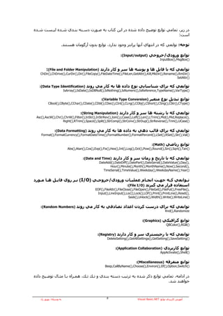 ‫در زﻳﺮ، ﺗﻤﺎﻣﻲ ﺗﻮاﺑﻊ ﺗﻮﺿﻴﺢ دادﻩ ﺷﺪﻩ در اﻳﻦ آﺘﺎب ﺑﻪ ﺻـﻮرت دﺳـﺘﻪ ﺑﻨـﺪي ﺷـﺪﻩ ﻟﻴـﺴﺖ ﺷـﺪﻩ‬
                                                                            :‫اﺳﺖ‬

                     .‫ﺗﻮﺟﻪ: ﺗﻮاﺑﻌﻲ آﻪ در اﻧﺘﻬﺎي ﺁﻧﻬﺎ ﭘﺮاﻧﺘﺰ وﺟﻮد ﻧﺪارد، ﺗﻮاﺑﻊ ﺑﺪون ﺁرﮔﻮﻣﺎن هﺴﺘﻨﺪ‬

                                                                 :(Input/output)      ‫ﺗﻮاﺑﻊ ورودي/ﺧﺮوﺟﻲ‬
                                                                                              InputBox(),MsgBox()


        :(File and Folder Manipulation) ‫ﺗﻮاﺑﻌﻲ آﻪ ﺑﺎ ﻓﺎﻳﻞ هﺎ و ﭘﻮﺷﻪ هﺎ ﺳﺮ و آﺎر دارﻧﺪ‬
   ChDir(),ChDrive(),CurDir(),Dir(),FileCopy(),FileDateTime(),FileLen,GetAttr(),Kill,MkDir(),Rename(),RmDir()
                                                                                                     SetAttr()

   :(Data Type Identification)          ‫ﺗﻮاﺑﻌﻲ آﻪ ﺑﺮاي ﺷﻨﺎﺳﺎﻳﻲ ﻧﻮع دادﻩ هﺎ ﺑﻪ آﺎر ﻣﻲ روﻧﺪ‬
                         IsArray(),IsDate(),IsDBNull(),IsNothing(),IsNumeric(),IsReference,TypeName(),VarType()

                                                   :(Variable Type Conversion)        ‫ﺗﻮاﺑﻊ ﺗﺒﺪﻳﻞ ﻧﻮع ﻣﺘﻐﻴﺮ‬
         CBool(),CByte(),CChar(),CDate(),CDbl(),CDec(),CInt(),CLng(),CObj(),CShort(),CSng(),CStr(),CType()


                                    :(String Manipulation)      ‫ﺗﻮاﺑﻌﻲ آﻪ ﺑﺎ رﺷﺘﻪ هﺎ ﺳﺮ و آﺎر دارﻧﺪ‬
 Asc(),AscW(),Chr(),ChrW(),Filter(),InStr(),InStrRev(),Join(),LCase(),Left(),Len(),LTrim(),Mid(),Mid,Replace(),
                   Right(),RTrim(),Space(),Split(),StrComp(),StrConv(),StrDup(),StrReverse(),Trim(),UCase()


               :(Data Formatting)        ‫ﺗﻮاﺑﻌﻲ آﻪ ﺑﺮاي ﻗﺎﻟﺐ دهﻲ ﺑﻪ دادﻩ هﺎ ﺑﻪ آﺎر ﻣﻲ روﻧﺪ‬
    Format(),FormatCurrency(),FormatDateTime(),FormatNumber(),FormatPercent(),LSet(),RSet(),Str(),Val()


                                                                                        :(Math)    ‫ﺗﻮاﺑﻊ رﻳﺎﺿﻲ‬
                           Abs(),Atan(),Cos(),Exp(),Fix(),Hex(),Int(),Log(),Oct(),Pow(),Round(),Sin(),Sqrt(),Tan()


                                      :(Date and Time)     ‫ﺗﻮاﺑﻌﻲ آﻪ ﺑﺎ ﺗﺎرﻳﺦ و زﻣﺎن ﺳﺮ و آﺎر دارﻧﺪ‬
                                                 DateAdd(),DateDiff(),DatePart(),DateSerial(),DateValue(),Day(),
                                                        Hour(),Minute(),Month(),MonthName(),Now(),Second(),
                                                    TimeSerial(),TimeValue(),Weekday(),WeekdayName(),Year()


‫( ﺑ ـﺮ روي ﻓﺎﻳ ـﻞ ه ـﺎ ﻣ ـﻮرد‬I/O) ‫ﺗ ـﻮاﺑﻌﻲ آ ـﻪ ﺟﻬ ـﺖ اﻧﺠ ـﺎم ﻋﻤﻠﻴ ـﺎت ورودي/ﺧﺮوﺟ ـﻲ‬
   ‫ـ ـ‬       ‫ـ‬          ‫ـ‬          ‫ـ‬               ‫ـ‬         ‫ـ‬     ‫ـ‬     ‫ـ‬       ‫ـ‬
                                                 :(File I/O) ‫اﺳﺘﻔﺎدﻩ ﻗﺮار ﻣﻲ ﮔﻴﺮﻧﺪ‬
                                              EOF(),FileAttr(),FileClose(),FileOpen(),FileGet(),FilePut(),FreeFile(),
                                               Input(),LineInput(),Loc(),Lock(),LOF(),Print(),PrintLine(),Reset(),
                                                                       Seek(),Unlock(),Width(),Write(),WriteLine()


   :(Random Numbers)              ‫ﺗﻮاﺑﻌﻲ آﻪ ﺑﺮاي درﺳﺖ آﺮدن اﻋﺪاد ﺗﺼﺎدﻓﻲ ﺑﻪ آﺎر ﻣﻲ روﻧﺪ‬
                                                                                                   Rnd(),Randomize


                                                                                 :(Graphics)    ‫ﺗﻮاﺑﻊ ﮔﺮاﻓﻴﻜﻲ‬
                                                                                                   QBColor(),RGB()


                                                :(Registry)   ‫ﺗﻮاﺑﻌﻲ آﻪ ﺑﺎ رﺟﻴﺴﺘﺮي ﺳﺮ و آﺎر دارﻧﺪ‬
                                                       DeleteSetting(),GetAllSettings(),GetSetting(),SaveSetting()


                                                             :(Application Collaboration)        ‫ﺗﻮاﺑﻊ آﺎرﺑﺮدي‬
                                                                                               AppActivate(),Shell()


                                                                            :(Miscellaneous)       ‫ﺗﻮاﺑﻊ ﻣﺘﻔﺮﻗﻪ‬
                                                     Beep,CallByName(),Choose(),Environ(),IIf(),Option,Switch()


‫در اداﻣﻪ، ﺗﻤﺎﻣﻲ ﺗﻮاﺑﻊ ذآﺮ ﺷﺪﻩ ﺑﻪ ﺗﺮﺗﻴﺐ دﺳﺘﻪ ﺑﻨـﺪي و ﺗـﻚ ﺗـﻚ، هﻤـﺮاﻩ ﺑـﺎ ﻣﺜـﺎل ﺗﻮﺿـﻴﺢ دادﻩ‬
                                                                            .‫ﺧﻮاهﻨﺪ ﺷﺪ‬



   ‫ﺑﻪ وﺳﻴﻠﻪ: ﺑﻬﺮوز راد‬                                ٥                      Visual Basic.NET ‫ﺁﻣﻮزش آﺎرﺑﺮدي ﺗﻮاﺑﻊ‬
 