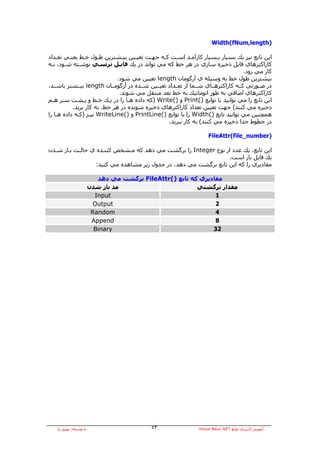 ‫)‪Width(fNum,length‬‬

‫اﻳﻦ ﺗﺎﺑﻊ ﻧﻴﺰ ﻳﻚ ﺑﺴﻴﺎر ﺑـﺴﻴﺎر آﺎرﺁﻣـﺪ اﺳـﺖ آـﻪ ﺟﻬـﺖ ﺗﻌﻴـﻴﻦ ﺑﻴـﺸﺘﺮﻳﻦ ﻃـﻮل ﺧـﻂ ﻳﻌﻨـﻲ ﺗﻌـﺪاد‬
‫آﺎراآﺘﺮهﺎي ﻗﺎﺑﻞ ذﺧﻴﺮﻩ ﺳﺎزي در هﺮ ﺧﻂ آﻪ ﻣﻲ ﺗﻮاﻧﺪ در ﻳﻚ ﻓﺎﻳـﻞ ﺗﺮﺗﻴﺒـﻲ ﻧﻮﺷـﺘﻪ ﺷـﻮد، ﺑـﻪ‬
                                                                                    ‫آﺎر ﻣﻲ رود.‬
                              ‫ﺑﻴﺸﺘﺮﻳﻦ ﻃﻮل ﺧﻂ ﺑﻪ وﺳﻴﻠﻪ ي ﺁرﮔﻮﻣﺎن ‪ length‬ﺗﻌﻴﻴﻦ ﻣﻲ ﺷﻮد.‬
‫در ﺻــﻮرﺗﻲ آــﻪ آﺎراآﺘﺮهــﺎي ﺷــﻤﺎ از ﺗﻌــﺪاد ﺗﻌﻴــﻴﻦ ﺷــﺪﻩ در ﺁرﮔﻮﻣــﺎن ‪ length‬ﺑﻴــﺸﺘﺮ ﺑﺎﺷــﺪ،‬
                               ‫آﺎراآﺘﺮهﺎي اﺿﺎﻓﻲ ﺑﻪ ﻃﻮر اﺗﻮﻣﺎﺗﻴﻚ ﺑﻪ ﺧﻂ ﺑﻌﺪ ﻣﻨﺘﻘﻞ ﻣﻲ ﺷﻮﻧﺪ.‬
‫اﺑﻦ ﺗﺎﺑﻊ را ﻣﻲ ﺗﻮاﻧﻴﺪ ﺑﺎ ﺗﻮاﺑﻊ )(‪ Print‬و )(‪) Write‬آﻪ دادﻩ هـﺎ را در ﻳـﻚ ﺧـﻂ و ﭘـﺸﺖ ﺳـﺮ هـﻢ‬
           ‫ذﺧﻴﺮﻩ ﻣﻲ آﻨﻨﺪ( ﺟﻬﺖ ﺗﻌﻴﻴﻦ ﺗﻌﺪاد آﺎراآﺘﺮهﺎي ذﺧﻴﺮﻩ ﺷﻮﻧﺪﻩ در هﺮ ﺧﻂ، ﺑﻪ آﺎر ﺑﺮﻳﺪ.‬
‫هﻤﭽﻨﻴﻦ ﻣﻲ ﺗﻮاﻧﻴﺪ ﺗﺎﺑﻊ )(‪ Width‬را ﺑﺎ ﺗﻮاﺑﻊ )(‪ PrintLine‬و )(‪ WriteLine‬ﻧﻴـﺰ )آـﻪ دادﻩ هـﺎ را‬
                                                  ‫در ﺧﻄﻮط ﺟﺪا ذﺧﻴﺮﻩ ﻣﻲ آﻨﻨﺪ( ﺑﻪ آﺎر ﺑﺒﺮﻳﺪ.‬

                                                                     ‫)‪FileAttr(file_number‬‬

‫اﻳﻦ ﺗﺎﺑﻊ، ﻳﻚ ﻋﺪد از ﻧﻮع ‪ Integer‬را ﺑﺮﮔﺸﺖ ﻣﻲ دهﺪ آﻪ ﻣـﺸﺨﺺ آﻨﻨـﺪﻩ ي ﺣﺎﻟـﺖ ﺑـﺎز ﺷـﺪن‬
                                                                 ‫ﻳﻚ ﻓﺎﻳﻞ ﺑﺎز اﺳﺖ.‬
                  ‫ﻣﻘﺎدﻳﺮي را آﻪ اﻳﻦ ﺗﺎﺑﻊ ﺑﺮﮔﺸﺖ ﻣﻲ دهﺪ، در ﺟﺪول زﻳﺮ ﻣﺸﺎهﺪﻩ ﻣﻲ آﻨﻴﺪ:‬

                            ‫ﻣﻘﺎدﻳﺮي آﻪ ﺗﺎﺑﻊ )(‪ FileAttr‬ﺑﺮﮔﺸﺖ ﻣﻲ دهﺪ‬
                         ‫ﻣﺪ ﺑﺎز ﺷﺪن‬                        ‫ﻣﻘﺪار ﺑﺮﮔﺸﺘﻲ‬
                           ‫‪Input‬‬                                 ‫1‬
                          ‫‪Output‬‬                                 ‫2‬
                          ‫‪Random‬‬                                 ‫4‬
                          ‫‪Append‬‬                                 ‫8‬
                           ‫‪Binary‬‬                               ‫23‬




   ‫ﺑﻪ وﺳﻴﻠﻪ: ﺑﻬﺮوز راد‬                      ‫٣٥‬                  ‫ﺁﻣﻮزش آﺎرﺑﺮدي ﺗﻮاﺑﻊ ‪Visual Basic.NET‬‬
 