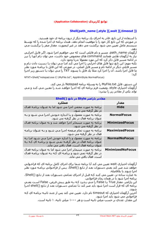 ‫)‪:(Application Collaboration‬‬   ‫ﺗﻮاﺑﻊ آﺎرﺑﺮدي‬


                                      ‫)] ‪Shell(path_name [,style ][,wait ][,timeout‬‬

              ‫ﺑﺎ اﺳﺘﻔﺎدﻩ از اﻳﻦ ﺗﺎﺑﻊ، ﻗﺎدر ﺑﻪ اﺟﺮاي ﻳﻚ ﺑﺮﻧﺎﻣﻪ دﻳﮕﺮ از درون ﺑﺮﻧﺎﻣﻪ ي ﺧﻮد هﺴﺘﻴﺪ.‬
‫در ﺻﻮرﺗﻲ آﻪ اﻳﻦ ﺗﺎﺑﻊ آﺎر ﺧﻮد را ﺑﺎ ﻣﻮﻓﻘﻴﺖ اﻧﺠﺎم دهﺪ، هﻨﺪل ﺑﺮﻧﺎﻣﻪ ي اﺟﺮا ﺷﺪﻩ را آﻪ ﺗﻮﺳـﻂ‬
‫ﺳﻴﺴﺘﻢ ﻋﺎﻣﻞ ﺗﻌﻴﻴﻦ ﻣﻲ ﺷﻮد ﺑﺮﮔﺸﺖ ﻣﻲ دهﺪ در ﻏﻴﺮ اﻳﻨﺼﻮرت، ﻣﻘﺪار ﺻﻔﺮ را ﺑﺮﮔـﺸﺖ ﻣـﻲ‬
                                                                                         ‫دهﺪ.‬
‫ﺁرﮔﻮﻣﺎن ‪ ،path_name‬ﻣﺴﻴﺮ و ﻧﺎم ﻓﺎﻳﻠﻲ اﺳﺖ آﻪ ﻣﻲ ﺧﻮاهﻴﻢ اﺟﺮا ﺷﻮد. اﮔـﺮ ﻓﺎﻳـﻞ اﺟﺮاﻳـﻲ‬
‫ﻧﻴﺎز ﺑﻪ ﺁرﮔﻮﻣﺎن هﺎﻳﻲ هﻤﺎﻧﻨﺪ ‪ command‬هﺎي ﻣﺨﺼﻮص ﺧﻮد داﺷﺖ، ﻣﻲ ﺗﻮان ﻧـﺎم ﺁﻧﻬـﺎ را ﻧﻴـﺰ‬
                                ‫در اداﻣﻪ ﻣﺴﻴﺮ ﻓﺎﻳﻞ ذآﺮ آﺮد آﻪ اﻳﻦ ﻣﻮرد ﻣﻌﻤﻮﻻ ﻧﺪرﺗﺎ وﺟﻮد دارد.‬
‫ﻧﻜﺘﻪ ﻣﻬﻢ: اﻳﻦ ﺗﺎﺑﻊ ﺗﻨﻬﺎ ﻓﺎﻳﻞ هﺎي اﺟﺮاﻳﻲ را اﺟﺮا ﻣﻲ آﻨﺪ اﻣـﺎ ﻣـﻲ ﺗـﻮان ﺑـﺎ ﻧـﺴﺒﺖ دادن ﻧـﺎم و‬
‫ﻣﺴﻴﺮ ﻓﺎﻳﻠﻲ دﻳﮕﺮ در اداﻣﻪ ﻧﺎم و ﻣﺴﻴﺮ ﻓﺎﻳﻞ اﺻﻠﻲ، در ﺻﻮرﺗﻲ آﻪ اﻳﻦ ﻓﺎﻳﻞ ﺑﺎ ﺑﺮﻧﺎﻣـﻪ ﻣـﻮرد ﻧﻈـﺮ‬
‫ﻣﺎ ﻗﺎﺑﻞ اﺟﺮا ﺑﺎﺷﺪ، ﺁن را اﺟﺮا آﺮد ﻣﺜﻼ ﻳﻚ ﻓﺎﻳﻞ ﺑﺎ ﭘﺴﻮﻧﺪ ‪ TXT‬را ﻣـﻲ ﺗـﻮان ﺑـﺎ دﺳـﺘﻮر زﻳـﺮ اﺟـﺮا‬
                                                                                          ‫آﺮد:‬
‫)‪NTXT=Shell(“notepad.exe C:MyFile.txt”, AppWinStyle.NormalFocus‬‬


                   ‫اﻳﻦ دﺳﺘﻮر، ﻓﺎﻳﻞ ‪ MyFile.txt‬را ﺑﻪ وﺳﻴﻠﻪ ﺑﺮﻧﺎﻣﻪ ‪ Notepad‬ﺑﺎز ﻣﻲ آﻨﺪ.‬
‫ﺁرﮔﻮﻣﺎن اﺧﺘﻴﺎري ‪ ،style‬وﺿﻌﻴﺖ ﻓﺮم ﺑﺮﻧﺎﻣﻪ اي آﻪ اﺟـﺮا ﺧﻮاهـﺪ ﺷـﺪ را ﻣﻌـﻴﻦ ﻣـﻲ آﻨـﺪ و ﻣـﻲ‬
                                                          ‫ﺗﻮاﻧﺪ ﻳﻜﻲ از ﻣﻘﺎدﻳﺮ زﻳﺮ را ﺑﭙﺬﻳﺮد:‬

                           ‫ﻣﻘﺎدﻳﺮ ﭘﺎراﻣﺘﺮ ‪ Style‬در ﺗﺎﺑﻊ )(‪Shell‬‬
                             ‫ﻋﻤﻠﻜﺮد‬                                  ‫ﻣﻘﺪار‬
‫ﺑﺮﻧﺎﻣﻪ ﺑﻪ ﺻﻮرت ﻣﺨﻔﻲ اﺟﺮا ﻣﻲ ﺷﻮد اﻣﺎ ﺑﻪ ﻋﻨـﻮان ﺑﺮﻧﺎﻣـﻪ ﻓﻌـﺎل‬          ‫‪Hide‬‬
                                          ‫در ﻧﻈﺮ ﮔﺮﻓﺘﻪ ﻣﻲ ﺷﻮد.‬
‫ﺑﺮﻧﺎﻣﻪ ﺑﻪ ﺻﻮرت ﻣﻌﻤﻮل و ﺑـﺎ اﻧـﺪازﻩ ﺧـﻮدش اﺟـﺮا ﻣـﻲ ﺷـﻮد و ﺑـﻪ‬    ‫‪NormalFocus‬‬
                        ‫ﻋﻨﻮان ﺑﺮﻧﺎﻣﻪ ﻓﻌﺎل در ﻧﻈﺮ ﮔﺮﻓﺘﻪ ﻣﻲ ﺷﻮد.‬
‫ﺑﺮﻧﺎﻣﻪ ﺑﻪ ﺻﻮرت ﻣﻴﻨﻴﻤﺎﻳﺰ اﺟﺮا ﺧﻮاهﺪ ﺷﺪ و ﺑﻪ ﻋﻨﻮان ﺑﺮﻧﺎﻣﻪ ﻓﻌـﺎل‬   ‫‪MinimizedFocus‬‬
                                          ‫در ﻧﻈﺮ ﮔﺮﻓﺘﻪ ﻣﻲ ﺷﻮد.‬
‫ﺑﺮﻧﺎﻣﻪ ﺑﻪ ﺻﻮرت ﺗﻤﺎم ﺻـﻔﺤﻪ اﺟـﺮا ﻣـﻲ ﺷـﻮد و ﺑـﻪ ﻋﻨـﻮان ﺑﺮﻧﺎﻣـﻪ‬   ‫‪MaximizedFocus‬‬
                                    ‫ﻓﻌﺎل در ﻧﻈﺮ ﮔﺮﻓﺘﻪ ﻣﻲ ﺷﻮد.‬
‫ﺑﺮﻧﺎﻣﻪ ﺑﻪ ﺻﻮرت ﻣﻌﻤﻮل و ﺑﺎ اﻧﺪازﻩ ﺧﻮدش اﺟﺮا ﻣـﻲ ﺷـﻮد اﻣـﺎ ﺑـﻪ‬    ‫‪NormalNoFocus‬‬
‫ﻋﻨﻮان ﺑﺮﻧﺎﻣﻪ ﻓﻌﺎل در ﻧﻈﺮ ﮔﺮﻓﺘـﻪ ﻧﻤـﻲ ﺷـﻮد و ﺑﺮﻧﺎﻣـﻪ اي آـﻪ ﺑـﻪ‬
                    ‫ﻋﻨﻮان ﺑﺮﻧﺎﻣﻪ ﻓﻌﺎل اﺳﺖ، ﻓﻌﺎل ﺑﺎﻗﻲ ﻣﻲ ﻣﺎﻧﺪ.‬
‫‪ MinimizedNoFocus‬ﺑﺮﻧﺎﻣﻪ ﺑﻪ ﺻﻮرت ﻣﻴﻨﻴﻤﺎﻳﺰ اﺟﺮا ﻣﻲ ﺷﻮد اﻣﺎ ﺑﻪ ﻋﻨﻮان ﺑﺮﻧﺎﻣﻪ ﻓﻌـﺎل‬
‫در ﻧﻈﺮ ﮔﺮﻓﺘﻪ ﻧﻤﻲ ﺷﻮد و ﺑﺮﻧﺎﻣـﻪ اي آـﻪ ﺑـﻪ ﻋﻨـﻮان ﺑﺮﻧﺎﻣـﻪ ﻓﻌـﺎل‬
                                      ‫اﺳﺖ، ﻓﻌﺎل ﺑﺎﻗﻲ ﻣﻲ ﻣﺎﻧﺪ.‬

‫ﺁرﮔﻮﻣﺎن اﺧﺘﻴﺎري ‪ wait‬ﺗﻌﻴﻴﻦ ﻣﻲ آﻨﺪ ﺁﻳﺎ ﺑﺮﻧﺎﻣﻪ ﺷﻤﺎ ﺑﺮاي اﺟﺮاي آﺎﻣﻞ ﺑﺮﻧﺎﻣﻪ اي آﻪ ﻓﺮاﺧـﻮاﻧﻲ‬
‫ﺧﻮاهﺪ ﺷﺪ ﺻﺒﺮ آﻨﺪ ﻳﻌﻨﻲ دﺳﺘﻮرات ﺑﻌـﺪ از ﺗـﺎﺑﻊ )(‪ ،Shell‬ﭘـﺲ از ﻓﺮاﺧـﻮاﻧﻲ ﺑﺮﻧﺎﻣـﻪ ﻣـﻮرد ﻧﻈـﺮ‬
                                                                       ‫اﺟﺮا ﺷﻮﻧﺪ ﻳﺎ ﺑﻼﻓﺎﺻﻠﻪ.‬
‫ﺑﻪ ﻋﺒﺎرت ﺳﺎدﻩ ﺗﺮ، ﺗﻌﻴﻴﻦ ﻣﻲ آﻨـﺪ آـﻪ ﻗﺒـﻞ از اﺟـﺮاي ﺗﻤـﺎﻣﻲ دﺳـﺘﻮرات ﺑﻌـﺪ از ﺗـﺎﺑﻊ )(‪،Shell‬‬
                                                   ‫ﺑﺮﻧﺎﻣﻪ اﺟﺮا ﺷﻮد ﻳﺎ در هﻤﺎن زﻣﺎن ﻓﺮاﺧﻮاﻧﻲ.‬
‫اﻳﻦ ﭘﺎراﻣﺘﺮ، ﻣﻘﺪار ‪ True‬ﻳـﺎ ‪ False‬را ﻣـﻲ ﭘـﺬﻳﺮد آـﻪ ﺑـﻪ ﻃـﻮر ﭘـﻴﺶ ﻓـﺮض، ‪ False‬اﺳـﺖ ﻳﻌﻨـﻲ‬
‫ﺑﺮﻧﺎﻣﻪ اي آﻪ ﻗﺮار اﺳﺖ اﺟﺮا ﺷﻮد ﺑﺎﻳﺪ ﺻﺒﺮ آﻨﺪ ﺗـﺎ ﺗﻤـﺎﻣﻲ دﺳـﺘﻮرات ﺑﻌـﺪ از ﺗـﺎﺑﻊ )(‪ shell‬اﺟـﺮا‬
                                                                                      ‫ﺷﻮﻧﺪ.‬
‫ﺁﺧﺮﻳﻦ ﺁرﮔﻮﻣﺎن اﺧﺘﻴﺎري آﻪ ‪ timeout‬ﻧﺎم دارد، ﺗﻌﻴﻴﻦ ﻣﻲ آﻨﺪ ﭘﺲ از ﭼﻨـﺪ ﺛﺎﻧﻴـﻪ ﺑﺮﻧﺎﻣـﻪ اي آـﻪ‬
                                                            ‫ﻓﺮاﺧﻮاﻧﻲ ﻣﻲ ﺷﻮد ﺑﺎﻳﺪ اﺟﺮا ﺷﻮد.‬
           ‫اﻳﻦ ﻣﻘﺪار، ﻋﺪدي ﺑﺮ ﺣﺴﺐ ﻣﻴﻠﻲ ﺛﺎﻧﻴﻪ اﺳﺖ و هﺮ ٠٠٠١ ﻣﻴﻠﻲ ﺛﺎﻧﻴﻪ، ١ ﺛﺎﻧﻴﻪ اﺳﺖ.‬




   ‫ﺑﻪ وﺳﻴﻠﻪ: ﺑﻬﺮوز راد‬                     ‫٩٥‬                  ‫ﺁﻣﻮزش آﺎرﺑﺮدي ﺗﻮاﺑﻊ ‪Visual Basic.NET‬‬
 