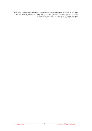 ‫ﺗﻮﺟﻪ داﺷﺘﻪ ﺑﺎﺷﻴﺪ آﻪ ﺗﻮاﺑﻊ ﻣﻮﺟﻮد در هﺮ دﺳﺘﻪ ﺑﻪ ﺗﺮﺗﻴﺐ ﺣﺮوف اﻟﻔﺒﺎ ﺗﻮﺿﻴﺢ دادﻩ ﻧـﺸﺪﻩ ﺑﻠﻜـﻪ‬
‫از ﺁﺳﺎﻧﺘﺮﻳﻦ ﺷﺮوع ﺷﺪﻩ اﺳﺖ. ﺑﻨﺎﺑﺮاﻳﻦ ﻓﺮﺻﺖ اﻳـﻦ را ﺧـﻮاهﻢ داﺷـﺖ ﺗـﺎ در ﻣﺜـﺎل هـﺎﻳﻲ آـﻪ در‬
                                ‫ﺗﻮاﺑﻊ دﻳﮕﺮ ﺧﻮاهﻢ زد از ﺗﻮاﺑﻊ دﻳﮕﺮ ﻧﻴﺰ ﺑﺎ هﻤﺪﻳﮕﺮ اﺳﺘﻔﺎدﻩ آﻨﻢ.‬




    ‫ﺑﻪ وﺳﻴﻠﻪ: ﺑﻬﺮوز راد‬                   ‫٦‬                  ‫ﺁﻣﻮزش آﺎرﺑﺮدي ﺗﻮاﺑﻊ ‪Visual Basic.NET‬‬
 