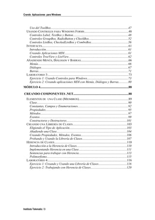 Crando Aplicaciones para Windows
Uso del ToolBox...................................................................................................47
USANDO CONTROLES PARA WINDOWS FORMS........................................................48
Controles Label, TextBox y Button......................................................................48
Controles GroupBox, RadioButton y CheckBox..................................................52
Controles ListBox, CheckedListBox y ComboBox...............................................56
INTERFACES..............................................................................................................61
Introducción.........................................................................................................61
Creando Aplicaciones MDI.................................................................................61
Controles TreeView y ListView............................................................................62
AÑADIENDO MENÚS, DIÁLOGOS Y BARRAS.............................................................66
Menús...................................................................................................................66
Diálogos...............................................................................................................67
Barras...................................................................................................................71
LABORATORIO 3:......................................................................................................73
Ejercicio 1: Usando Controles para Windows....................................................73
Ejercicio 2: Creando aplicaciones MDI con Menús, Diálogos y Barras............80
MÓDULO 4.................................................................................................................88
CREANDO COMPONENTES .NET......................................................................88
ELEMENTOS DE UNA CLASE (MIEMBROS)...............................................................89
Clase.....................................................................................................................90
Constantes, Campos y Enumeraciones................................................................92
Propiedades.........................................................................................................95
Métodos................................................................................................................97
Eventos.................................................................................................................99
Constructores y Destructores.............................................................................101
CREANDO UNA LIBRERÍA DE CLASES.....................................................................103
Eligiendo el Tipo de Aplicación.........................................................................103
Añadiendo una Clase.........................................................................................104
Creando Propiedades, Métodos, Eventos..........................................................106
Probando y Usando la Librería de Clases.........................................................107
HERENCIA DE CLASES.............................................................................................110
Introducción a la Herencia de Clases................................................................110
Implementando Herencia en una Clase.............................................................111
Sentencias para trabajar con Herencia.............................................................113
Polimorfismo......................................................................................................115
LABORATORIO 4:....................................................................................................116
Ejercicio 1: Creando y Usando una Librería de Clases....................................116
Ejercicio 2: Trabajando con Herencia de Clases..............................................120
Instituto Telematic / 3
 