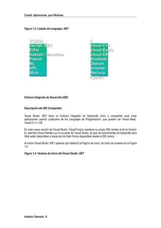 Crando Aplicaciones para Windows
Figura 1.3: Listado de Lenguajes .NET
Entorno Integrado de Desarrollo (IDE)
Descripción del IDE Compartido
Visual Studio .NET tiene un Entorno Integrado de Desarrollo único o compartido para crear
aplicaciones usando cualquiera de los Lenguajes de Programación, que pueden ser Visual Basic,
Visual C++ o C#.
En esta nueva versión de Visual Studio, Visual Foxpro mantiene su propio IDE (similar al de la Versión
6), además Visual Interdev ya no es parte de Visual Studio, ya que las herramientas de desarrollo para
Web están disponibles a través de los Web Forms disponibles desde el IDE común.
Al iniciar Visual Studio .NET aparece (por defecto) la Página de Inicio, tal como se muestra en la Figura
1.4
Figura 1.4: Ventana de Inicio del Visual Studio .NET
Instituto Telematic / 8
COBOLCOBOL
Jscript .NETJscript .NET
EiffelEiffel
Haskell / MondrianHaskell / Mondrian
PascalPascal
MLML
APLAPL
AliceAlice
CC
Visual C++Visual C++
Visual BasicVisual Basic
Visual C#Visual C#
SmalltalkSmalltalk
OberonOberon
SchemeScheme
MercuryMercury
PythonPython
 