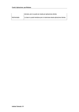 Crando Aplicaciones para Windows
derivada, pero no puede ser creada por aplicaciones clientes
NotInheritable La clase no puede heredarse pero si instanciarse desde aplicaciones clientes.
Instituto Telematic / 91
 