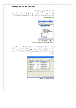 ‫اﻟﻔﺼﻞ اﻻول: ﺗﻌﺮف ﻋﻠﻰ ‪V isual Basic .NET‬‬
‫71‬
‫ــــــــــــــــــــــــــــــــــــــــــــــــــــــــــــــــــــــــــــــــــــــــــــــــــــــــــــــــــــــــــــــــــ ـــــــــــــــــــــــــــــــ‬

‫ﻨﺎﻓﺫﺓ ﻤﺴﺘﻜﺸﻑ ﺍﻟﺤل ‪:Solution Explorer‬‬
‫ﺍﻥ ﻜﺎﻨﺕ ﻨﺎﻓﺫﺓ ﻋﺭﺽ ﺍﻟﻔﺌﺎﺕ ﺍﻟﺴﺎﺒﻘﺔ ﺘﻌﺭﺽ ﻓﺌﺎﺕ ﺍﻟﻤﺸﺭﻭﻉ ﺍﻟﺤﺎﻟﻲ، ﻓﺎﻥ ﻨﺎﻓﺫﺓ ﻤﺴﺘﻜﺸـﻑ ﺍﻟﺤـل ﺘﻌـﺭﺽ‬
‫ﻤﻠﻔﺎﺕ ﺍﻟﻤﺸﺭﻭﻉ ﺍﻟﺤﺎﻟﻲ ﻭﺍﻟﻤﺸﺎﺭﻴﻊ ﺍﻻﺨﺭﻯ )ﺸﻜل 1 -6(. ﺍﺨﺘﺭ ﺍﻻﻤﺭ ‪ Solution Explorer‬ﻤﻥ ﻗﺎﺌﻤـﺔ‬

‫‪ View‬ﻟﻌﺭﺽ ﻫﺫﻩ ﺍﻟﻨﺎﻓﺫﺓ.‬

‫ﺸﻜل 1 -6: ﻨﺎﻓﺫﺓ ﻤﺴﺘﻜﺸﻑ ﺍﻟﺤل ‪Solution Explorer‬‬
‫ﻓﻲ ﺍﻋﻠﻰ ﺸﺠﺭﺓ ﻤﻠﻔﺎﺕ ﺍﻟﻤﺸﺭﻭﻉ ﺘﻼﺤﻅ ﻭﺠﻭﺩ ﻋﻨﺼﺭ ﺍﻟﻤﺭﺍﺠﻊ ‪ ،References‬ﻴﻘﺼـﺩ ﺒﻬـﺫﻩ ﺍﻟﻤﺭﺍﺠـﻊ:‬
‫ﺍﻟﻤﻜﺘﺒﺎﺕ ﺍﻟﺨﺎﺭﺠﻴﺔ ﺍﻟﺘﻲ ﺘﺭﻴﺩ ﺘﻀﻤﻴﻨﻬﺎ ﻓﻲ ﺍﻟﻤﺸﺭﻭﻉ ﺍﻟﺤﺎﻟﻲ ﻭﺍﻟﻭﺼﻭل ﺍﻟـﻰ ﻓﺌﺎﺘﻬـﺎ، ﺍﻨﻘـﺭ ﺒـﺯﺭ ﺍﻟﻔـﺄﺭﺓ‬
‫ﺍﻻﻴﻤﻥ ﻋﻠﻰ ﻫﺫﺍ ﺍﻟﻌﻨﺼﺭ ﻭﺍﺨﺘﺭ ﺍﻻﻤﺭ ‪ Add Reference‬ﻤﻥ ﺍﻟﻘﺎﺌﻤﺔ ﺍﻟﻤﻨﺒﺜﻘﺔ، ﻟﺘﻅﻬﺭ ﻟﻙ ﻨﺎﻓـﺫﺓ ﺍﻟﻤﺭﺍﺠـﻊ‬

‫)ﺸﻜل 1 -7(.‬

‫ﺸﻜل 1 -7: ﻨﺎﻓﺫﺓ ﺍﻟﻤﺭﺍﺠﻊ ‪.Reference‬‬

 