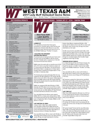 WWW.GOBUFFSGO.COM | @WTATHLETICS | #BUFFNATION
2017WTVOLLEYBALLGAME NOTES	 MATCH 22: EASTERN NEWMEXICO
SEPTEMBER
2017 Britkare Lady Buff Classic (Canyon, TX)
1	 Southwestern Oklahoma State	 W, 3-0
1	 Colorado State-Pueblo	 W, 3-0
2	 Adams State	 W, 3-1
2	 St. Mary’s	 W, 3-0
2017 LU Last Second Challenge (St. Charles, Missouri)
8	 vs. Missouri-St. Louis	 L, 1-3
8	 vs. Illinois-Springfield	 L, 1-3
9	 vs. Missouri Western	 W, 3-1
9	 vs. Truman State	 L, 0-3
15	 Midwestern State *	 W, 3-0
15	 #6 Nebraska-Kearney	 L, 1-3
16	 Cameron *	 W, 3-0
19	 UT Permian Basin *	 W, 3-0
22	 at #17 Tarleton State *	 L, 0-3
23	 at #11 Angelo State *	 L, 0-3
29	 at Western New Mexico *	 L, 0-3
30	 at Eastern New Mexico *	 L, 1-3
OCTOBER
6	 Dallas Baptist	 W, 3-0
7	 Texas A&M-Kingsville *	 W, 3-1
10	 at UT Permian Basin *	 W, 3-0
13	Texas A&M-Commerce *	 L, 2-3
14	 Texas Woman’s	 W, 3-0
17	 Eastern New Mexico *	 6:00 p.m.
20	 at Midwestern State *	 1:30 p.m.
20	 vs. Newman	 4:30 p.m.
21	 at Cameron *	 2:00 p.m.
24	 at Lubock Christian	 7:00 p.m.
27	 #22 Angelo State *	 6:00 p.m.
28	 #13 Tarleton State *	 2:00 p.m.
31	 Western New Mexico *	 6:00 p.m.
NOVEMBER
4	 at Texas A&M-Kingsville *	 2:00 p.m.
10	 at Texas Woman’s *	 7:00 p.m.
11	 at Texas A&M-Commerce *	 2:00 p.m.
2017 LSC Championships (Top Seed Host)
16	 LSC Quarterfinals	 TBD
17	 LSC Semifinals	 TBD
18	 LSC Championship	 TBD
2017 South Central Regionals (Top Seed Host)
30	 Regional Quarterfinals	 TBD
DECEMBER
2017 South Central Regionals (Top Seed Host)
1	 Regional Semifinals	 TBD
2	 Regional Championship	 TBD
2017 NCAA Division II Elite Eight (Pensacola, FL)
7	 National Quarterfinals	 TBD
8	 National Semifinals	 TBD
9	 National Championship	 TBD
All times are Central and subject to change
Rankings come from the newest AVCA DII Top-25
* - Lone Star Conference match
2017 SCHEDULE/RESULTS
COMING UP
The Lady Buffs conclude their three-game
homestand on Tuesday night as they host the rival
Greyhounds of Eastern New Mexico in Lone Star
Conference action with first serve set for 6 p.m. at
the WTAMU Fieldhouse “The Box” in Canyon.
- SCOUTING THE OPPONENT
EASTERN NEW MEXICO
The Greyhounds are led by fourth year head coach
Sia Poyer who has led ENMU to 38 wins during
his time in Portales with an appearance in the LSC
Tournament the last three seasons.
ENMU enters the week with an overall record of 8-12
with a 5-5 mark in Lone Star Conference play to sit
in a three-way tie for fifth place. The Hounds lost to
#15 Tarleton State in straight sets on Friday night in
Portales before upsetting #17 Angelo State in a five-
set thriller on Saturday night.
The Greyhounds are led by Brooklyn Biel who has
registered 210 kills (2.69/set) on 517 swings with 85
attack errors to hit .242 on the season. Alexis Aguirre
paces the ENMU offense with 402 assists (5.15/set)
while Andrea Aguilar leads the way defensively with
343 digs (4.40/set).
ENMU has registered 902 kills (11.6/set) on 2,652
attempts with 497 attack errors to hit .153 as a team
so far this season. They average 10.8 assists and 1.3
service aces per set while tallying 1,117 digs (14.3/set)
and 124.0 total blocks (1.6/set) on the season.
The Lady Buffs lead the all-time series against
ENMU, 65-14 in a rivalry series dating back to 1980.
The Greyhounds took the first meeting of the season
back on September 30th in Portales. ENMU is 2-34
all-time in Canyon.
LAST MEETING VS. ENMU
- Eastern N.M. 3. West Texas A&M 1 (9/30/17)
The Lady Buffs of West Texas A&M claimed the
first set before dropping the next three as they fell
to the rival Greyhounds of Eastern New Mexico at
Greyhound Arena in Portales, New Mexico
The Lady Buffs hit just .140 as a team with 49 kills on
179 swings with 24 attack errors to go along with 46
assists, 81 digs and eight total blocks in the loss.
Eastern New Mexico registered 66 kills on 194
swings with 32 attack errors to hit .175 as a team with
62 assists, seven service aces, 93 digs and seven
total blocks on the night.
Kamille Jones led the Lady Buffs with 11 kills on 48
swings with four attack errors to hit .146 on the night
followed by Gia Petties with a career high nine kills.
Selena Batiste dished out 27 assists to go along with
13 digs for a double-double while Chandler Vogel
registered a team-high 23 digs.
WEEKEND RECAP (TAMUC)
In a match that saw 27 ties and 14 lead changes, the
Lions of Texas A&M-Commerce picked up a hard
fought five set win in a thriller in front of over 1,000
fans at the WTAMU Fieldhouse “The Box” on Friday
night.
The Lady Buffs hit .140 as a team with 53 kills on
186 swings with 27 attack errors to go along with 51
assists, six service aces, 81 digs and 7.5 total blocks
in the loss.
WT freshman outside Erin Clark led the Lady Buffs
offensively with 14 kills on 50 swings with four errors
to hit .200 on the night followed by Crystal Thomas
and Michaela Montgomery with 11 kills each. Selena
Batiste led all players with 34 assists on the night
to go along with 10 digs for a double-double while
Chandler Vogel registered a team-high 24 digs.
LAST TIME OUT
West Texas A&M ended the afternoon on a 13-4 run
as they swept past the Pioneers of Texas Woman’s
in Lone Star Conference action on Homecoming in
front of over 400 fans.
The Lady Buffs hit .274 as a team with 47 kills on
117 swings with 15 attack errors to go along with 45
assists, five service aces, 53 digs and 5.5 total blocks
in the win.
WT senior Crystal Thomas led the way offensively
with 11 kills on 24 swings with just two errors to hit
.375 on the afternoon followed by Kamille Jones and
Erin Clark with nine kills each. Selena Batiste paced
the WT offense with 35 assists while Clark and
Chandler Vogel tallied 12 digs each.
VB Contact: Brent Seals
E-Mail: bseals@wtamu.edu
Office: 806.651.4442
Cell: 806.674.7050
www.GoBuffsGo.com
Follow WT Volleyball on Social Media
.com/WTVolleyball @WTVolleyball
West Texas A&M
LADY BUFFS
12-9 (6-5 LSC)
Date....................................................Oct. 17
Venue......................WTAMU Fieldhouse
Location..................................Canyon, TX
Live Stats........................GoBuffsGo.com
Video...............................GoBuffsGo.com
vs. ENMU.........................WT leads 65-14
Series Beginning...............................1980
Total Meetings.........................................79
Last Meeting.....................Sept. 30, 2017
Result..........................................ENMU, 3-1
Streak...................................ENMU, Win 2
Eastern New Mexico
GREYHOUNDS
8-12 (5-5 LSC)
EASTERN NEWMEXICO • TUESDAY, OCT. 17 • 6 P.M. • CANYON,TEXAS
 