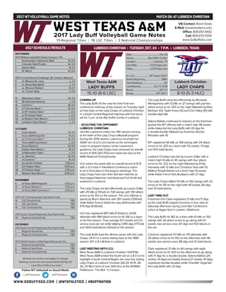 WWW.GOBUFFSGO.COM | @WTATHLETICS | #BUFFNATION
2017WTVOLLEYBALLGAME NOTES	 MATCH 26:ATLUBBOCK CHRISTIAN
SEPTEMBER
2017 Britkare Lady Buff Classic (Canyon, TX)
1	 Southwestern Oklahoma State	 W, 3-0
1	 Colorado State-Pueblo	 W, 3-0
2	 Adams State	 W, 3-1
2	 St. Mary’s	 W, 3-0
2017 LU Last Second Challenge (St. Charles, Missouri)
8	 vs. Missouri-St. Louis	 L, 1-3
8	 vs. Illinois-Springfield	 L, 1-3
9	 vs. Missouri Western	 W, 3-1
9	 vs. Truman State	 L, 0-3
15	 Midwestern State *	 W, 3-0
15	 #6 Nebraska-Kearney	 L, 1-3
16	 Cameron *	 W, 3-0
19	 UT Permian Basin *	 W, 3-0
22	 at #17 Tarleton State *	 L, 0-3
23	 at #11 Angelo State *	 L, 0-3
29	 at Western New Mexico *	 L, 0-3
30	 at Eastern New Mexico *	 L, 1-3
OCTOBER
6	 Dallas Baptist	 W, 3-0
7	 Texas A&M-Kingsville *	 W, 3-1
10	 at UT Permian Basin *	 W, 3-0
13	Texas A&M-Commerce *	 L, 2-3
14	 Texas Woman’s	 W, 3-0
17	 Eastern New Mexico *	 W, 3-1
20	 at Midwestern State *	 L, 0-3
20	 vs. Newman	 W, 3-0
21	 at Cameron *	 W, 3-1
24	 at Lubock Christian	 7:00 p.m.
27	 #21 Angelo State *	 6:00 p.m.
28	 #11 Tarleton State *	 2:00 p.m.
31	 Western New Mexico *	 6:00 p.m.
NOVEMBER
4	 at Texas A&M-Kingsville *	 2:00 p.m.
10	 at Texas Woman’s *	 7:00 p.m.
11	 at Texas A&M-Commerce *	 2:00 p.m.
2017 LSC Championships (Top Seed Host)
16	 LSC Quarterfinals	 TBD
17	 LSC Semifinals	 TBD
18	 LSC Championship	 TBD
2017 South Central Regionals (Top Seed Host)
30	 Regional Quarterfinals	 TBD
DECEMBER
2017 South Central Regionals (Top Seed Host)
1	 Regional Semifinals	 TBD
2	 Regional Championship	 TBD
2017 NCAA Division II Elite Eight (Pensacola, FL)
7	 National Quarterfinals	 TBD
8	 National Semifinals	 TBD
9	 National Championship	 TBD
All times are Central and subject to change
Rankings come from the newest AVCA DII Top-25
* - Lone Star Conference match
2017 SCHEDULE/RESULTS
COMING UP
The Lady Buffs hit the road for their final non-
conference matchup of the season on Tuesday night
as they take on the Lady Chaps of Lubbock Christian
in a South Central Regional matchup with first serve
set for 7 p.m. at the Rip Griffin Center in Lubbock.
- SCOUTING THE OPPONENT
LUBBOCK CHRISTIAN
Jennifer Lawrence enters her 14th season serving
at the helm of the Lady Chap volleyball program.
During the 2016 season, Lawrence recorded her
300th win at LCU and stands as the winningest
coach in program history. Under Lawrence’s
guidance, the Lady Chaps have amassed an overall
record of 305-129 (.702) and made two trips to the
NAIA National Championship.
LCU enters the week with an overall record of 8-13
with a 5-3 mark in Heartland Conference action
to sit in third place in the league standings. The
Lady Chaps have won their last two matches as
they topped Newman and Arkansas-Fort Smith last
weekend in Lubbock.
The Lady Chaps are led offensively by Lauren Zoller
with 211 kills (2.74/set) on 728 swings with 100 attack
errors to hit .152 on the season. The LCU offense is
paced by Brynn Warnack with 397 assists (7.09/set)
while Kelsie French leads the way defensively with
479 digs (6.06/set).
LCU has registered 897 kills (11.4/set) on 3,026
attempts with 484 attack errors to hit .136 as a team
so far this season. They average 10.7 assists and 1.0
service aces per set while tallying 1,395 digs (17.7/set)
and 130.0 total blocks (1.6/set) on the season.
The Lady Buffs lead the all-time series with the Lady
Chaps, 24-5-1 in a series dating back to the 1980
season. WT is 8-1 all-time in Lubbock.
LAST MEETING WITH LCU
West Texas A&M 3, Lubbock Christian 1 (10/11/16)
West Texas A&M ended the fourth set on a 8-3 run to
highlight a South Central Region win over the visiting
Lady Chaps of Lubbock Christian (26-24, 14-15, 28-
26, 25-18) in front of over 500 fans at the WTAMU
Fieldhouse “The Box” in Canyon.
The Lady Buffs were led offensively by Michaela
Montgomery with 13 kills on 27 swings with just two
attack errors to hit .333 on the night followed by Elisa
Bentsen (12), Taylor Kress (12) and Cori Haley (10) with
double-digit kills.
Selena Batiste continued to impress as the freshman
guided the WT offense with a match high 48 assists
while Haley led the Lady Buffs with 20 digs for
a double-double followed by freshman Rachel
Rhoades with 19.
WT registered 56 kills on 158 swings with 24 attack
errors to hit .203 as a team with 55 assists, 74 digs
and 10.5 total blocks.
Lubbock Christian was led by Lauren Zoller with a
match high 14 kills on 45 swings with four attack
errors to hit .222 on the night followed by Emily
Hanaway with 12 kills and Christiana Tavo with 10,
Mallory Powell dished out a team high 41 assists
while Kelsie French led all players with 27 digs.
The Lady Chaps tallied 53 kills on 162 swings with 22
errors to hit .191 on the night with 49 assists, 66 digs
and 7.0 total blocks.
LAST TIME OUT
Freshman Erin Clark registered 21 kills and 17 digs
as the Lady Buffs topped Cameron in four sets on
Saturday afternoon during Lone Star Conference
action at Aggie Gym in Lawton, Oklahoma.
The Lady Buffs hit .182 as a team with 61 kills on 192
swings with 26 attack errors to go along with 61
assists, two service aces, 87 digs and 10.0 blocks in
the win.
Cameron registered 47 kills on 176 attempts with
29 attack errors to hit .102 on the afternoon with 46
assists, two service aces, 88 digs and 12 total blocks.
Clark registered 21 kills on 64 swings with eight
attack errors to hit .203 on the afternoon to go along
with 17 digs for a double-double. Selena Batiste (29
assists, 14 digs) and Gabby Emery (27 assists, 10 digs)
registered double-doubles while Chandler Vogel led
the Lady Buffs with 23 digs.
VB Contact: Brent Seals
E-Mail: bseals@wtamu.edu
Office: 806.651.4442
Cell: 806.674.7050
www.GoBuffsGo.com
Follow WT Volleyball on Social Media
.com/WTVolleyball @WTVolleyball
West Texas A&M
LADY BUFFS
15-10 (8-6 LSC)
Date...................................................Oct. 24
Venue...........................Rip Griffin Center
Location.................................Lubbock, TX
Live Stats........................LCUChaps.com
Video................................LCUChaps.com
vs. LCU............................WT leads 24-5-1
Series Beginning...............................1980
Total Meetings........................................30
Last Meeting.........................Oct. 11, 2016
Result.................................................WT, 3-1
Streak...........................................WT, Win 1
Lubbock Christian
LADY CHAPS
8-13 (5-3 HLC)
LUBBOCK CHRISTIAN • TUESDAY, OCT. 24 • 7 P.M. • LUBBOCK,TEXAS
 