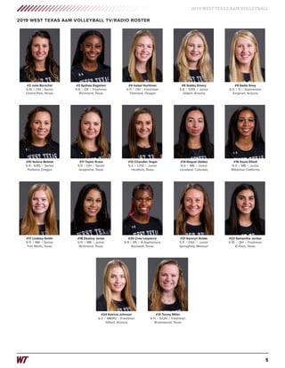 5
2019 WEST TEXAS A&M VOLLEYBALL
2019 WEST TEXAS A&M VOLLEYBALL TV/RADIO ROSTER
#2 Julia Borschel
5-10 | OH | Senior
Orland Park, Illinois
#3 Sydnee Eagleton
5-6 | DS | Freshman
Richmond, Texas
#4 Isabel Hurliman
5-11 | OH | Freshman
Tillamook, Oregon
#6 Gabby Emery
5-8 | S/RS | Junior
Gilbert, Arizona
#9 Sadie Snay
6-0 | S | Sophomore
Kingman, Arizona
#10 Selena Batiste
5-9 | S/RS | Senior
Portland, Oregon
#11 Taylor Kress
5-9 | OH | Senior
Grapevine, Texas
#12 Chandler Vogel
5-2 | L/DS | Junior
Hereford, Texas
#14 Raquel Valdez
6-0 | MB | Junior
Loveland, Colorado
#16 Kayle Elliott
6-0 | MB | Junior
Wildomar, California
#17 Lindsey Smith
5-11 | MB | Senior
Fort Worth, Texas
#18 Destiny Jones
5-11 | MB | Junior
Richmond, Texas
#20 Cree Lespierre
5-9 | RS | R-Sophomore
Rockwall, Texas
#21 Kamryn Artale
5-5 | DS/L | Junior
Springfield, Missouri
#23 Samantha Jordan
5-10 | OH | Freshman
El Paso, Texas
#24 Katrina Johnson
6-3 | MB/RS | Freshman
Gilbert, Arizona
#31 Torrey Miller
5-11 | S/OH | Freshman
Brownwood, Texas
 