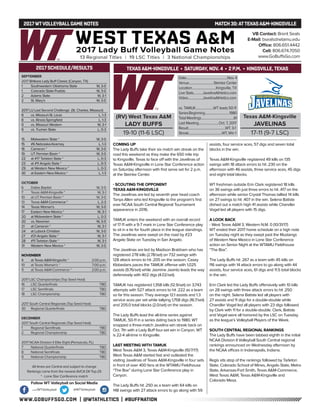 WWW.GOBUFFSGO.COM | @WTATHLETICS | #BUFFNATION
2017WTVOLLEYBALLGAME NOTES	 MATCH 30:ATTEXASA&M-KINGSVILLE
SEPTEMBER
2017 Britkare Lady Buff Classic (Canyon, TX)
1	 Southwestern Oklahoma State	 W, 3-0
1	 Colorado State-Pueblo	 W, 3-0
2	 Adams State	 W, 3-1
2	 St. Mary’s	 W, 3-0
2017 LU Last Second Challenge (St. Charles, Missouri)
8	 vs. Missouri-St. Louis	 L, 1-3
8	 vs. Illinois-Springfield	 L, 1-3
9	 vs. Missouri Western	 W, 3-1
9	 vs. Truman State	 L, 0-3
15	 Midwestern State *	 W, 3-0
15	 #6 Nebraska-Kearney	 L, 1-3
16	 Cameron *	 W, 3-0
19	 UT Permian Basin *	 W, 3-0
22	 at #17 Tarleton State *	 L, 0-3
23	 at #11 Angelo State *	 L, 0-3
29	 at Western New Mexico *	 L, 0-3
30	 at Eastern New Mexico *	 L, 1-3
OCTOBER
6	 Dallas Baptist	 W, 3-0
7	 Texas A&M-Kingsville *	 W, 3-1
10	 at UT Permian Basin *	 W, 3-0
13	Texas A&M-Commerce *	 L, 2-3
14	 Texas Woman’s	 W, 3-0
17	 Eastern New Mexico *	 W, 3-1
20	 at Midwestern State *	 L, 0-3
20	 vs. Newman	 W, 3-0
21	 at Cameron *	 W, 3-1
24	 at Lubock Christian	 W, 3-0
27	 #21 Angelo State *	 W, 3-1
28	 #11 Tarleton State *	 W, 3-1
31	 Western New Mexico *	 W, 3-0
NOVEMBER
4	 at Texas A&M-Kingsville *	 2:00 p.m.
10	 at Texas Woman’s *	 7:00 p.m.
11	 at Texas A&M-Commerce *	 2:00 p.m.
2017 LSC Championships (Top Seed Host)
16	 LSC Quarterfinals	 TBD
17	 LSC Semifinals	 TBD
18	 LSC Championship	 TBD
2017 South Central Regionals (Top Seed Host)
30	 Regional Quarterfinals	 TBD
DECEMBER
2017 South Central Regionals (Top Seed Host)
1	 Regional Semifinals	 TBD
2	 Regional Championship	 TBD
2017 NCAA Division II Elite Eight (Pensacola, FL)
7	 National Quarterfinals	 TBD
8	 National Semifinals	 TBD
9	 National Championship	 TBD
All times are Central and subject to change
Rankings come from the newest AVCA DII Top-25
* - Lone Star Conference match
2017 SCHEDULE/RESULTS
COMING UP
The Lady Buffs take their six match win streak on the
road this weekend as they make the 650 mile trip
to Kingsville, Texas to face off with the Javelinas of
Texas A&M-Kingsville in Lone Star Conference action
on Saturday afternoon with first serve set for 2 p.m.
at the Steinke Center.
- SCOUTING THE OPPONENT
TEXAS A&M-KINGSVILLE
The Javelinas are led by seventh year head coach
Tanya Allen who led Kingsville to the program’s first
ever NCAA South Central Regional Tournament
appearance in 2016.
TAMUK enters the weekend with an overall record
of 17-11 with a 9-7 mark in Lone Star Conference play
to sit in a tie for fourth place in the league standings.
The Javelinas were swept on the road by #23
Angelo State on Tuesday in San Angelo.
The Javelinas are led by Madison Brabham who has
registered 278 kills (2.78/set) on 732 swings with
128 attack errors to hit .205 on the season. Casey
Klobedans paces the TAMUK offense with 1,025
assists (9.76/set) while Jasmine Jasinto leads the way
defensively with 402 digs (4.02/set).
TAMUK has registered 1,358 kills (12.9/set) on 3,743
attempts with 527 attack errors to hit .222 as a team
so far this season. They average 12.1 assists and 1.3
service aces per set while tallying 1,758 digs (16.7/set)
and 205.0 total blocks (2.0/set) on the season.
The Lady Buffs lead the all-time series against
TAMUK, 50-11 in a series dating back to 1980. WT
snapped a three-match Javelina win streak back on
Oct. 7th with a Lady Buff four-set win in Canyon. WT
is 22-4 all-time in Kingsville.
LAST MEETING WITH TAMUK
West Texas A&M 3, Texas A&M-Kingsville (10/7/17)
West Texas A&M started fast and outlasted the
visiting Javelinas of Texas A&M-Kingsville in four sets
in front of over 400 fans at the WTAMU Fieldhouse
“The Box” during Lone Star Conference play in
Canyon.
The Lady Buffs hit .250 as a team with 64 kills on
148 swings with 27 attack errors to go along with 59
assists, four service aces, 57 digs and seven total
blocks in the win.
Texas A&M-Kingsville registered 49 kills on 135
swings with 18 attack errors to hit .230 on the
afternoon with 46 assists, three service aces, 45 digs
and eight total blocks.
WT freshman outside Erin Clark registered 18 kills
on 36 swings with just three errors to hit .417 on the
afternoon while senior Crystal Thomas tallied 14 kills
on 27 swings to hit .407 in the win. Selena Batiste
dished out a match high 41 assists while Chandler
Vogel led all players with 15 digs.
A LOOK BACK
- West Texas A&M 3, Western N.M. 0 (10/31/17)
WT ended their 2017 home schedule on a high note
on Tuesday night as they swept past the Mustangs
of Western New Mexico in Lone Star Conference
action on Senior Night at the WTAMU Fieldhouse
“The Box”.
The Lady Buffs hit .267 as a team with 45 kills on
116 swings with 14 attack errors to go along with 44
assists, four service aces, 61 digs and 11.5 total blocks
in the win.
Erin Clark led the Lady Buffs offensively with 10 kills
on 28 swings with three attack errors to hit .250
on the night. Selena Batiste led all players with
27 assists and 11 digs for a double-double while
Chandler Vogel led all players with 23 digs followed
by Clark with 11 for a double-double. Clark, Batiste
and Vogel were all honored by the LSC on Tuesday
as the league’s Volleyball Players of the Week.
SOUTH CENTRAL REGIONAL RANKINGS
The Lady Buffs have been tabbed eighth in the initial
NCAA Division II Volleyball South Central regional
rankings announced on Wednesday afternoon by
the NCAA offices in Indianapolis, Indiana.
Regis sits atop of the rankings followed by Tarleton
State, Colorado School of Mines, Angelo State, Metro
State, Arkansas-Fort Smith, Texas A&M-Commerce,
West Texas A&M, Texas A&M-Kingsville and
Colorado Mesa.
VB Contact: Brent Seals
E-Mail: bseals@wtamu.edu
Office: 806.651.4442
Cell: 806.674.7050
www.GoBuffsGo.com
Follow WT Volleyball on Social Media
.com/WTVolleyball @WTVolleyball
(RV) West Texas A&M
LADY BUFFS
19-10 (11-6 LSC)
Date.....................................................Nov. 4
Venue................................Steinke Center
Location...............................Kingsville, TX
Live Stats............JavelinaAthletics.com
Video...................JavelinaAthletics.com
vs. TAMUK.......................WT leads 50-11
SeriesBeginning................................1980
TotalMeetings..........................................61
Last Meeting..........................Oct. 7, 2017
Result................................................WT, 3-1
Streak...........................................WT, Win 1
Texas A&M-Kingsville
JAVELINAS
17-11 (9-7 LSC)
TEXASA&M-KINGSVILLE • SATURDAY, NOV. 4 • 2 P.M. • KINGSVILLE,TEXAS
 
