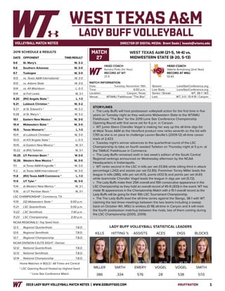 12019 LADY BUFF VOLLEYBALL MATCH NOTES | WWW.GOBUFFSGO.COM	#BUFFNATION
VOLLEYBALL MATCH NOTES	 DIRECTOR OF DIGITAL MEDIA: Brent Seals | bseals@wtamu.edu
DATE	 OPPONENT		TIME/RESULT
9.6	 St. Mary’s		 W, 3-2
9.6	 Southern Arkansas		 W, 3-0
9.7	 Tuskegee		 W, 3-0
9.13	 vs. Texas A&M International		 W, 3-0
9.13	 vs. Adams State		 W, 3-0
9.14	 vs. #4 Washburn		 L, 0-3
9.14	 at Fort Lewis		 W, 3-1
9.20	 (RV) Angelo State *		 L, 1-3
9.21	 Lubbock Christian *		 W, 3-2
9.27	 at St. Edward’s *		 W, 3-2
9.28	 at St. Mary’s *		 W, 3-2
10.1	 Eastern New Mexico *		 W, 3-0
10.4	 Midwestern State *		 W, 3-0
10.5	 Texas Woman’s *		 L, 1-3
10.11	 at Lubbock Christian *		 W, 3-0
10.12	 at #21 Angelo State *		 L, 0-3
10.15	 at Eastern New Mexico *		 W, 3-1
10.22	 at (RV) Tarleton		 W, 3-1
10.25	 UT Permian Basin *		 W 3-0
10.26	 Western New Mexico * 		 W, 3-0
11.1	 at Texas A&M-Kingsville *		 W, 3-0
11.2	 at Texas A&M International *		 W, 3-0
11.8	 (RV) Texas A&M-Commerce *		 L, 1-3
11.9	 UT Tyler *		 W, 3-0
11.14	 at Western New Mexico *		 W, 3-1
11.16	 at UT Permian Basin *		 W, 3-1
LSC CHAMPIONSHIP | Commerce, TX
11.19	 (12) Midwestern State ^		 6:00 p.m.
11.21	 LSC Quarterfinals		 5:00 p.m.
11.22	 LSC Semifinals		 7:30 p.m.
11.23	 LSC Championship		 3:30 p.m.
NCAA REGIONALS | Top Seed Host
12.5	 Regional Quarterfinals		 T.B.D.
12.6	 Regional Semifinals		 T.B.D.
12.7	 Regional Championship		 T.B.D.
NCAA DIVISION II ELITE EIGHT | Denver
12.12	 National Quarterfinals		 T.B.D.
12.13	 National Semifinals		 T.B.D.
12.14	 National Championship		 T.B.D.
Home Matches in BOLD | All Times are Central
^ LSC Opening Round Hosted by Highest Seed
* Lone Star Conference Match
2019 SCHEDULE & RESULTS
LADY BUFF VOLLEYBALL STATISTICAL LEADERS
KILLS HITTING % ASSISTS ACES DIGS BLOCKS
WEST TEXAS A&M
LADY BUFF VOLLEYBALL
STORYLINES
»» The Lady Buffs will host postseason volleyball action for the first time in five
years on Tuesday night as they welcome Midwestern State to the WTAMU
Fieldhouse “The Box” for the 2019 Lone Star Conference Championship
Opening Round with first serve set for 6 p.m. in Canyon.
»» WT junior libero Chandler Vogel is making her way up the all-time digs list
at West Texas A&M as the Hereford product now ranks seventh on the list with
1,761 as she is on pace to challenge Lauren Beville’s (2009-12) all-time career
mark of 2,423.
»» Tuesday night’s winner advances to the quarterfinal round of the LSC
Championship to take on fourth seeded Tarleton on Thursday night at 5 p.m. at
the TAMUC Fieldhouse in Commerce.
»» The Lady Buffs remained sixth in last week’s edition of the South Central
Regional rankings announced on Wednesday afternoon by the NCAA
Headquarters in Indianapolis.
»» WT ranks second in the LSC in kills per set (13.84) while sitting third in attack
percentage (.242) and assists per set (12.85). Freshman Torrey Miller leads the
league in kills (386), kills per set (4.11), points (433.5) and points per set (4.61)
while teammate Chandler Vogel leads the league in digs per set (5.72).
»» The Lady Buffs make their 25th overall and 15th consecutive appearance in the
LSC Championship as they hold an overall record of 45-9 (.833) in the event. WT has
made 16 appearances in the Championship Match with a 15-1 overall record as the
Lady Buffs will be going for their 16th LSC Tournament Championship.
»» The The Lady Buffs lead the all-time series against the Stangs, 38-1 with WT
claiming the last three meetings between the two teams including a sweep
back on October 4th. MSU is winless (0-18) all-time in Canyon and it will mark
the fourth postseason matchup between the rivals, two of them coming during
the LSC Championship (2005, 2009).
MILLER SMITH EMERY VOGEL VOGEL SMITH
386 .334 576 28 538 57.0
HEAD COACH
Kendra Potts (1st Year)
RECORD AT WT
21-5
WEST TEXAS A&M (21-5, 14-4) vs.
MIDWESTERN STATE (8-20, 5-13)
MATCH INFORMATION
Date: 	 Tuesday, November 19th
Time: 	 6:00 p.m.
Location: 	 Canyon, Texas
Venue:	 WTAMU Fieldhouse “The Box”
Stream: 	 LoneStarConference.org
Live Stats: 	 LoneStarConference.org
Series | Streak: 	 WT, 38-1 | W3
Last: 	 WT, 3-0 | 10.4.19 | Canyon
MATCH
27
HEAD COACH
Valerie Armstrong (2nd Year)
RECORD AT MSU
13-43
 