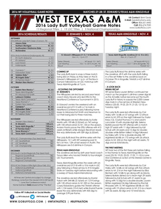 WWW.GOBUFFSGO.COM | @WTATHLETICS | #BUFFNATION
2016 WT VOLLEYBALL GAME NOTES	 MATCHES 27-28: ST. EDWARD’S/TEXAS A&M-KINGSVILLE
SEPTEMBER
2016 BritKare Lady Buff Classic (Canyon, TX)
2	 Adams State	 L, 1-3
2	 Northern Michigan	 W, 3-0
3	 Southwestern Oklahoma State	 L, 1-3
3	 McKendree	 W, 3-1
2016 UIndy Invitational (Indianapolis, IN)
9	 RV North Alabama	 L, 0-3
9	 RV Ashland	 L, 1-3
10	 Lock Haven	 W, 3-0
10	 Indianapolis	 W, 3-1
16	 Cameron *	 W, 3-2
17	 Midwestern State *	 W, 3-1
23	 Tarleton State *	 L, 2-3
24	 #8 Angelo State *	 W, 3-2
27	 UT Permian Basin *	 W, 3-2
30	 Western New Mexico *	 W, 3-0
OCTOBER
1	 Eastern New Mexico *	 W, 3-0
7	 Texas A&M-Kingsville *	 L, 2-3
8	 RV Arkansas-Fort Smith	 L, 1-3
11	 Lubbock Christian	 W, 3-1
14	 Texas A&M-Commerce *	 L, 1-3
15	 Texas Woman’s *	 W, 3-2
18	 Eastern New Mexico *	 L, 0-3
21	 Cameron *	 W, 3-0
22	 Midwestern State *	 W, 3-0
28	 #10 Angelo State *	 L, 1-3
29	 RV Tarleton State *	 L, 0-3
NOVEMBER
1	 Western New Mexico *	 L, 2-3
4	 St. Edward’s	 1:00 p.m.
4	 Texas A&M-Kingsville *	 7:00 p.m.
8	 UT Permian Basin *	 7:00 p.m.
11	 Texas Woman’s *	 7:00 p.m.
12	 Texas A&M-Commerce *	 2:00 p.m.
2016 LSC Championships (Top Seed Host)
17	 LSC Quarterfinals	 TBD
18	 LSC Semifinals	 TBD
19	 LSC Championship	 TBD
DECEMBER
2016 South Central Regionals (Top Seed Host)
1	 Regional Quarterfinals	 TBD
2	 Regional Semifinals	 TBD
3	 Regional Championship	 TBD
2016 NCAA Division II Elite Eight (Sioux Falls, S.D.)
8	 National Quarterfinals	 TBD
9	 National Semifinals	 TBD
10	 National Championship	 TBD
All times are Central and subject to change
Rankings come from the newest AVCA DII Top-25
* - Lone Star Conference match
Home Games in Bold played at the “The Box”
2016 SCHEDULE/RESULTS
St. Edward’s Hilltoppers (9-15, 7-4 Heartland)
Nov. 4 | 1 p.m. CT
Series (Streak)................................WT leads 12-1 (W7)
Last Meeting........................Nov. 12, 2015 (Austin, TX)
Result......................................................................WT 3-0
Texas A&M-Kingsville Javelinas (21-8, 10-6 LSC)
Nov. 4 | 7 p.m. CT
Series (Streak)..................................WT leads 49-9 (L1)
Last Meeting.....................Oct. 7, 2016 (Kingsville, TX)
Result..............................................................TAMUK 3-2
ST. EDWARD’S • NOV. 4
COMING UP
The Lady Buffs look to snap a three match
losing skid on Friday as they take on the St.
Edward’s Hilltoppers at 1 p.m. at The Box in
Canyon followed by an LSC matchup with
Texas A&M-Kingsville at 7 p.m.
- SCOUTING THE OPPONENT
ST. EDWARD’S
The Hilltoppers are led by second year head
coach Mary DeJute who led STEU to the
Heartland Conference Tournament in 2015.
St. Edward’s enters the weekend with an
overall record of 9-15 with a 7-4 mark in
Heartland Conference play following home
losses to Arkansas-Fort Smith and Newman to
run their losing skid to three matches.
The Hilltoppers are led offensively by Katie
Martin with 199 kills (2.52/set) on 747 swings
with 100 attack errors to hit .133 on the season,
Avalon Frantz paces the STEU offense with 413
assists (4.98/set) while Morgan Beckham leads
the way defensively with 509 digs (6.53/set).
The Lady Buffs lead the all-time series with the
Hilltoppers, 12-1 with WT sweeping past St.
Ed’s on Nov. 12th of last season in Austin. The
Hilltoppers are 0-3 all-time in Canyon.
TEXAS A&M-KINGSVILLE
The Javelinas are led by sixth year head coach
Tanya Allen who has led TAMUK to four-straight
LSC Tournaments.
Texas A&M-Kingsville enters the week with an
overall record of 21-8 with a 10-6 mark in LSC
play following a three set loss to #10 Angelo
State on Tuesday night before rebounding with
a sweep of Texas A&M-International.
The Javelinas are led offensively by Krystal
Faison with 344 kills (3.16/set) on 1,019 swings
with 120 attack errors to hit .220 on the season,
Casey Klobedans guides the TAMUK offense
with 1,124 assists (10.41/set) while Krystal Puente
leads the way defensively with 435 digs to
average 3.99 per frame.
The Lady Buffs lead the all-time series with
the Javelinas, 49-9 with the Lady Buffs falling
in a five set thriller to the Javalinas back on
October 7th in Kingsville. TAMUK is 4-27 all-time
in Canyon.
- A LOOK BACK
WNMU RECAP
WT senior libero Lauren Britten continued her
march up the program’s all-time career digs list
as the Amarillo native became just the fourth
Lady Buff in history to surpass the 2,000 career
digs mark in a five set loss at Western New
Mexico (25-20, 19-25, 25-19, 21-25, 12-15) on
Tuesday night.
The Lady Buffs were led offensively by Cori
Haley with 16 kills on 57 swings with 12 attack
errors to hit .070 on the night followed by Taylor
Kress (12), Crystal Thomas (11) and Larami
Lancaster 10 with double-digit kills, Selena
Batiste paced the WT offense with a match
high 37 assists with 11 digs followed by Kyli
Schulz with 24 assists and 12 digs for double-
doubles while Britten tallied 14 digs followed
by Haley with 12 for a double-double. WT
registered 66 kills on 172 swings with 26 attack
errors to hit .233 on the night with 62 assists, 72
digs and six total blocks.
THE FIRST MEETING
WT took two of the first three sets before falling
in five frames to Texas A&M-Kingsville on the
road (25-18, 19-25, 25-23, 17-25, 11-15) in Lone
Star Conference action at the Steinke Center in
Kingsville, Texas.
The Lady Buffs were led offensively by Cori
Haley with 14 kills on 42 swings with five attack
errors to hit .214 on the night followed by Elisa
Bentsen with 12 kills to go along with six blocks,
Selena Batiste dished out a team high 29 assists
followed by Kyli Schulz with 21 assists to go
along with 15 digs for a double-double, Lauren
Britten registered 24 digs followed by Rachel
Rhoades with 15. WT registered 58 kills on 183
swings with 19 attack errors to hit .213 as a team
with 56 assists, 82 digs and 10 total blocks.
VB Contact: Brent Seals
E-Mail: bseals@wtamu.edu
Office: 806.651.4442
Cell: 806.674.7050
www.GoBuffsGo.com
Follow WT Volleyball on Social Media
.com/WTVolleyball @WTVolleyball
TEXAS A&M-KINGSVILLE • NOV. 4
 