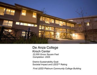 De Anza College Kirsch Center 22,000 Gross Square Feet Completion: 2005 District Sustainability Goal:  Societal Impact and LEED TM  Rating First LEED Platinum Community College Building 