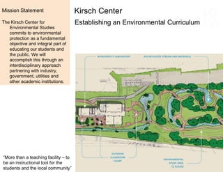 Establishing an Environmental Curriculum Kirsch Center Mission Statement  The Kirsch Center for Environmental Studies commits to environmental protection as a fundamental objective and integral part of educating our students and the public. We will accomplish this through an interdisciplinary approach partnering with industry, government, utilities and other academic institutions. “ More than a teaching facility – to be an instructional tool for the students and the local community” 
