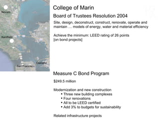 Board of Trustees Resolution 2004 Site, design, deconstruct, construct, renovate, operate and maintain … models of energy, water and material efficiency Achieve the minimum: LEED rating of 26 points [on bond projects] Measure C Bond Program $249.5 million Modernization and new construction Three new building complexes Four renovations All to be LEED certified Add 3% to budgets for sustainability Related infrastructure projects Novato Kentfield San Francisco Oakland College of Marin 