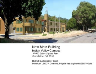 New Main Building Indian Valley Campus 37,000 Gross Square Feet Completion: Fall 2010 District Sustainability Goal:  Minimum LEED TM  Certified, Project has targeted LEED TM  Gold  