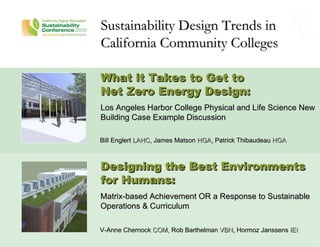 What it Takes to Get to  Net Zero Energy Design: Los Angeles Harbor College Physical and Life Science New Building Case Example Discussion Bill Englert  LAHC,  James Matson  HGA,  Patrick Thibaudeau  HGA Designing the Best Environments for Humans: Matrix-based Achievement OR a Response to Sustainable Operations & Curriculum V-Anne Chernock  COM,  Rob Barthelman  VBN,  Hormoz Janssens  IEI Sustainability Design Trends in California Community Colleges 