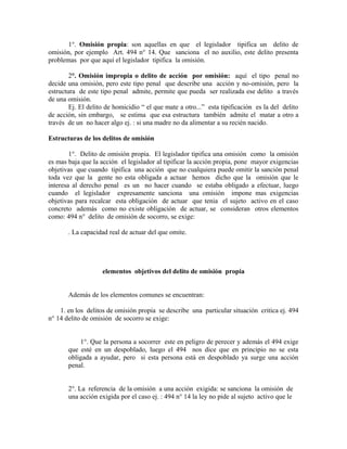1°. Omisión propia: son aquellas en que el legislador tipifica un delito de
omisión, por ejemplo Art. 494 n° 14. Que sanciona el no auxilio, este delito presenta
problemas por que aquí el legislador tipifica la omisión.
2°. Omisión impropia o delito de acción por omisión: aquí el tipo penal no
decide una omisión, pero este tipo penal que describe una acción y no-omisión, pero la
estructura de este tipo penal admite, permite que pueda ser realizada ese delito a través
de una omisión.
Ej. El delito de homicidio “ el que mate a otro...” esta tipificación es la del delito
de acción, sin embargo, se estima que esa estructura también admite el matar a otro a
través de un no hacer algo ej. : si una madre no da alimentar a su recién nacido.
Estructuras de los delitos de omisión
1°. Delito de omisión propia. El legislador tipifica una omisión como la omisión
es mas baja que la acción el legislador al tipificar la acción propia, pone mayor exigencias
objetivas que cuando tipifica una acción que no cualquiera puede omitir la sanción penal
toda vez que la gente no esta obligada a actuar hemos dicho que la omisión que le
interesa al derecho penal es un no hacer cuando se estaba obligado a efectuar, luego
cuando el legislador expresamente sanciona una omisión impone mas exigencias
objetivas para recalcar esta obligación de actuar que tenia el sujeto activo en el caso
concreto además como no existe obligación de actuar, se consideran otros elementos
como: 494 n° delito de omisión de socorro, se exige:
. La capacidad real de actuar del que omite.
elementos objetivos del delito de omisión propia
Además de los elementos comunes se encuentran:
1. en los delitos de omisión propia se describe una particular situación critica ej. 494
n° 14 delito de omisión de socorro se exige:
1°. Que la persona a socorrer este en peligro de perecer y además el 494 exige
que esté en un despoblado, luego el 494 nos dice que en principio no se esta
obligada a ayudar, pero si esta persona está en despoblado ya surge una acción
penal.
2°. La referencia de la omisión a una acción exigida: se sanciona la omisión de
una acción exigida por el caso ej. : 494 n° 14 la ley no pide al sujeto activo que le
 