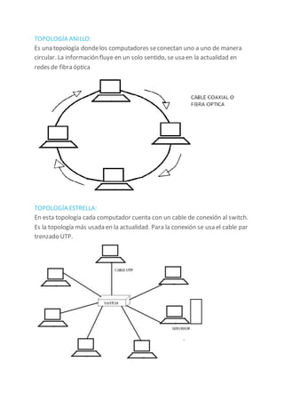 TOPOLOGÍA ANILLO:
Es una topología dondelos computadores seconectan uno a uno de manera
circular. La información fluye en un solo sentido, se usa en la actualidad en
redes de fibra óptica
TOPOLOGÍA ESTRELLA:
En esta topología cada computador cuenta con un cable de conexión al switch.
Es la topología más usada en la actualidad. Para la conexión se usa el cable par
trenzado UTP.
 