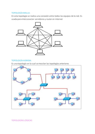 TOPOLOGÍA MALLA:
En esta topología se realiza una conexión entre todos los equipos de la red. Es
usada para interconectar servidores y router en internet
TOPOLOGÍA HIBRIDA:
Es una topología en la cual semezclan las topologías anteriores
TOPOLOGÍAS LÓGICAS
 