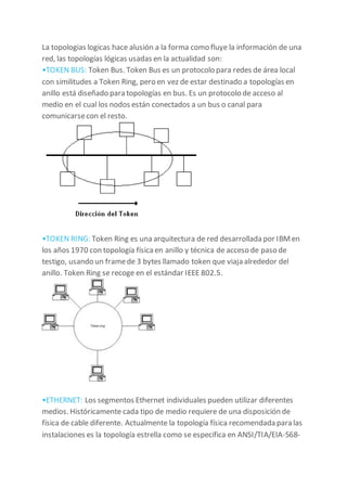 La topologias logicas hace alusión a la forma como fluye la información de una
red, las topologías lógicas usadas en la actualidad son:
•TOKEN BUS: Token Bus. Token Bus es un protocolo para redes de área local
con similitudes a Token Ring, pero en vez de estar destinado a topologías en
anillo está diseñado para topologías en bus. Es un protocolo de acceso al
medio en el cual los nodos están conectados a un bus o canal para
comunicarsecon el resto.
•TOKEN RING: Token Ring es una arquitectura de red desarrollada por IBMen
los años 1970 con topología físicaen anillo y técnica de acceso de paso de
testigo, usando un framede 3 bytes llamado token que viaja alrededor del
anillo. Token Ring se recoge en el estándar IEEE 802.5.
•ETHERNET: Los segmentos Ethernet individuales pueden utilizar diferentes
medios. Históricamente cada tipo de medio requiere de una disposición de
física de cable diferente. Actualmente la topología física recomendada para las
instalaciones es la topología estrella como se especifica en ANSI/TIA/EIA-568-
 