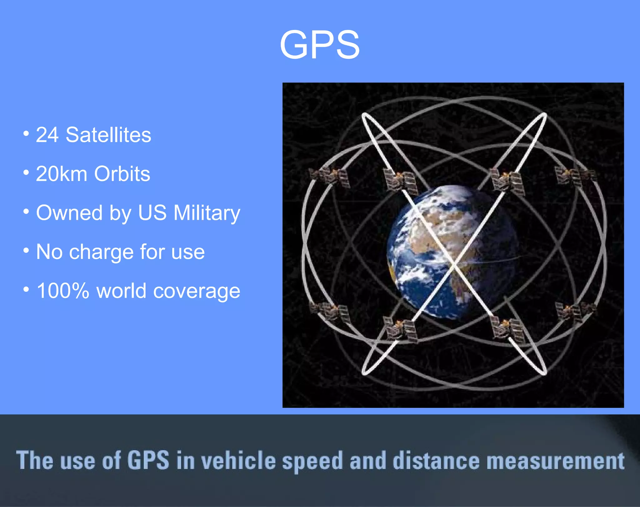 24 Satellites 20km Orbits Owned by US Military  No charge for use 100% world coverage GPS 