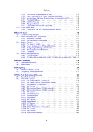 Contents
12.7.1 Linux Kernel Module Refuses to Load . . . . . . . . . . . . . . . . . . . 410
12.7.2 Linux Host CD/DVD or Floppy Disk Drive Not Found . . . . . . . . . . . 410
12.7.3 Strange Guest IDE Error Messages When Writing to CD or DVD . . . . . 410
12.7.4 VBoxSVC IPC Issues . . . . . . . . . . . . . . . . . . . . . . . . . . . . . 411
12.7.5 USB Not Working . . . . . . . . . . . . . . . . . . . . . . . . . . . . . . 411
12.7.6 PAX/grsec Kernels . . . . . . . . . . . . . . . . . . . . . . . . . . . . . . 411
12.7.7 Linux Kernel vmalloc Pool Exhausted . . . . . . . . . . . . . . . . . . . 411
12.8 Oracle Solaris Hosts . . . . . . . . . . . . . . . . . . . . . . . . . . . . . . . . . . 411
12.8.1 Cannot Start VM, Not Enough Contiguous Memory . . . . . . . . . . . 411
13 Security Guide 412
13.1 General Security Principles . . . . . . . . . . . . . . . . . . . . . . . . . . . . . . 412
13.2 Secure Installation and Configuration . . . . . . . . . . . . . . . . . . . . . . . . 412
13.2.1 Installation Overview . . . . . . . . . . . . . . . . . . . . . . . . . . . . 412
13.2.2 Post Installation Configuration . . . . . . . . . . . . . . . . . . . . . . . 413
13.3 Security Features . . . . . . . . . . . . . . . . . . . . . . . . . . . . . . . . . . . 413
13.3.1 The Security Model . . . . . . . . . . . . . . . . . . . . . . . . . . . . . 413
13.3.2 Secure Configuration of Virtual Machines . . . . . . . . . . . . . . . . . 413
13.3.3 Configuring and Using Authentication . . . . . . . . . . . . . . . . . . . 414
13.3.4 Potentially Insecure Operations . . . . . . . . . . . . . . . . . . . . . . 415
13.3.5 Encryption . . . . . . . . . . . . . . . . . . . . . . . . . . . . . . . . . . 415
13.4 Security Recommendations . . . . . . . . . . . . . . . . . . . . . . . . . . . . . . 416
13.4.1 CVE-2018-3646 . . . . . . . . . . . . . . . . . . . . . . . . . . . . . . . 416
13.4.2 CVE-2018-12126, CVE-2018-12127, CVE-2018-12130, CVE-2019-11091 417
14 Known Limitations 418
14.1 Experimental Features . . . . . . . . . . . . . . . . . . . . . . . . . . . . . . . . 418
14.2 Known Issues . . . . . . . . . . . . . . . . . . . . . . . . . . . . . . . . . . . . . 418
15 Change Log 421
15.1 Version 7.0.0 (2022-10-10) . . . . . . . . . . . . . . . . . . . . . . . . . . . . . . 421
15.2 Change Logs for Legacy Versions . . . . . . . . . . . . . . . . . . . . . . . . . . . 423
16 Third-Party Materials and Licenses 424
16.1 Third-Party Materials . . . . . . . . . . . . . . . . . . . . . . . . . . . . . . . . . 424
16.2 Third-Party Licenses . . . . . . . . . . . . . . . . . . . . . . . . . . . . . . . . . . 434
16.2.1 GNU General Public License (GPL) . . . . . . . . . . . . . . . . . . . . . 434
16.2.2 GNU Lesser General Public License (LGPL) . . . . . . . . . . . . . . . . 437
16.2.3 Mozilla Public License (MPL) . . . . . . . . . . . . . . . . . . . . . . . . 443
16.2.4 MIT License . . . . . . . . . . . . . . . . . . . . . . . . . . . . . . . . . 449
16.2.5 X Consortium License (X11) (variant 1) . . . . . . . . . . . . . . . . . . 449
16.2.6 X Consortium License (X11) (variant 2) . . . . . . . . . . . . . . . . . . 449
16.2.7 zlib License . . . . . . . . . . . . . . . . . . . . . . . . . . . . . . . . . 450
16.2.8 Apache License v2 . . . . . . . . . . . . . . . . . . . . . . . . . . . . . . 450
16.2.9 OpenSSL License . . . . . . . . . . . . . . . . . . . . . . . . . . . . . . 452
16.2.10 Slirp License . . . . . . . . . . . . . . . . . . . . . . . . . . . . . . . . . 453
16.2.11 liblzf License . . . . . . . . . . . . . . . . . . . . . . . . . . . . . . . . . 453
16.2.12 libpng License . . . . . . . . . . . . . . . . . . . . . . . . . . . . . . . . 454
16.2.13 lwIP License . . . . . . . . . . . . . . . . . . . . . . . . . . . . . . . . . 454
16.2.14 libxml License . . . . . . . . . . . . . . . . . . . . . . . . . . . . . . . . 454
16.2.15 gSOAP Public License Version 1.3a . . . . . . . . . . . . . . . . . . . . . 455
16.2.16 curl License . . . . . . . . . . . . . . . . . . . . . . . . . . . . . . . . . 460
16.2.17 libgd License . . . . . . . . . . . . . . . . . . . . . . . . . . . . . . . . . 460
16.2.18 BSD License from Intel . . . . . . . . . . . . . . . . . . . . . . . . . . . 461
x
 