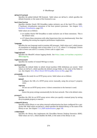 8 VBoxManage
defaultfrontend
Specifies the global default VM frontend. Valid values are default, which specifies the
default frontend, or the name of the frontend to use.
hwvirtexclusive
Specifies whether Oracle VM VirtualBox makes exclusive use of the Intel VT-x or AMD-
V hardware virtualization extensions of the host system’s processor. See chapter 10.3,
Hardware Virtualization, page 393.
Valid values are as follows:
• on enables Oracle VM VirtualBox to make exclusive use of these extensions. This is
the default value.
• off shares these extensions with other hypervisors that run simultaneously. Note that
disabling this setting has negative performance implications.
language
Specifies the user language used to translate API messages. Valid values are C, which means
no translation or language code in form either ll or ll_CC, where ll is language 2 letters
code in lower case and CC is country 2 letter code in upper case.
logginglevel
Specifies the VBoxSVC release logging details. See http://www.virtualbox.org/wiki/
VBoxLogging.
loghistorycount
Specifies the number of rotated VM logs to retain.
machinefolder
Specifies the default folder in which virtual machine (VM) definitions are stored. Valid
values are default, which specifies the default storage folder, or the name of the folder to
use. See chapter 10.1, Where Oracle VM VirtualBox Stores its Files, page 389.
proxymode
Configures the mode for an HTTP proxy server. Valid values are as follows:
manual
Configure the URL of a HTTP proxy server manually, using the proxyurl property
value.
noproxy
Do not use an HTTP proxy server. A direct connection to the Internet is used.
system
Detect the proxy settings automatically for the host network. This is the default value.
proxyurl
Specifies the URL for an HTTP proxy server when you specify a manual proxy by setting
the proxymode property to manual.
vrdeauthlibrary
Specifies which library to use when external authentication has been configured for a par-
ticular VM. Valid values are default, which specifies the default library, or the name of the
library to use. See chapter 7.1.5, RDP Authentication, page 146.
vrdeextpack
Specifies the library that implements the VirtualBox Remote Desktop Extension (RDE).
Valid values are null, which disables the RDE, or the name of the library to use.
274
 