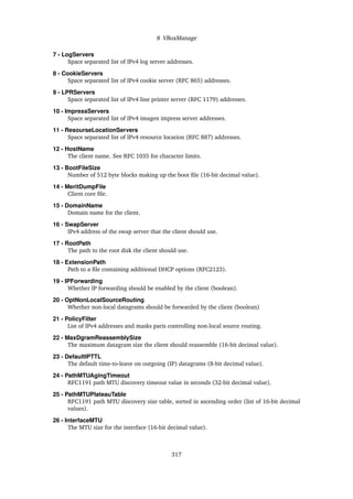 8 VBoxManage
7 - LogServers
Space separated list of IPv4 log server addresses.
8 - CookieServers
Space separated list of IPv4 cookie server (RFC 865) addresses.
9 - LPRServers
Space separated list of IPv4 line printer server (RFC 1179) addresses.
10 - ImpressServers
Space separated list of IPv4 imagen impress server addresses.
11 - ResourseLocationServers
Space separated list of IPv4 resource location (RFC 887) addresses.
12 - HostName
The client name. See RFC 1035 for character limits.
13 - BootFileSize
Number of 512 byte blocks making up the boot file (16-bit decimal value).
14 - MeritDumpFile
Client core file.
15 - DomainName
Domain name for the client.
16 - SwapServer
IPv4 address of the swap server that the client should use.
17 - RootPath
The path to the root disk the client should use.
18 - ExtensionPath
Path to a file containing additional DHCP options (RFC2123).
19 - IPForwarding
Whether IP forwarding should be enabled by the client (boolean).
20 - OptNonLocalSourceRouting
Whether non-local datagrams should be forwarded by the client (boolean)
21 - PolicyFilter
List of IPv4 addresses and masks paris controlling non-local source routing.
22 - MaxDgramReassemblySize
The maximum datagram size the client should reassemble (16-bit decimal value).
23 - DefaultIPTTL
The default time-to-leave on outgoing (IP) datagrams (8-bit decimal value).
24 - PathMTUAgingTimeout
RFC1191 path MTU discovery timeout value in seconds (32-bit decimal value).
25 - PathMTUPlateauTable
RFC1191 path MTU discovery size table, sorted in ascending order (list of 16-bit decimal
values).
26 - InterfaceMTU
The MTU size for the interface (16-bit decimal value).
317
 