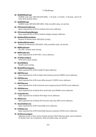8 VBoxManage
46 - NetBIOSNodeType
NetBIOS node type (RFC1001,RFC1002): 1=B-node, 2=P-node, 4=M-node, and 8=H-
node (8-bit decimal value).
47 - NetBIOSScope
NetBIOS scope (RFC1001,RFC1002). Only accessible using –set-opt-hex.
48 - XWindowsFontServers
Space separated list of IPv4 X windows font server addresses.
49 - XWindowsDisplayManager
Space separated list of IPv4 X windows display manager addresses.
62 - NetWareIPDomainName
Netware IP domain name (RFC2242) (string).
63 - NetWareIPInformation
Netware IP information (RFC2242). Only accessible using –set-opt-hex.
64 - NISPlusDomain
The NIS+ domain name (string).
65 - NISPlusServers
Space separated list of IPv4 NIS+ server addresses.
66 - TFTPServerName
TFTP server name (string).
67 - BootfileName
Bootfile name (string).
68 - MobileIPHomeAgents
Space separated list of IPv4 mobile IP agent addresses.
69 - SMTPServers
Space separated list of IPv4 simple mail transport protocol (SMPT) server addresses.
70 - POP3Servers
Space separated list of IPv4 post office protocol 3 (POP3) server addresses.
71 - NNTPServers
Space separated list of IPv4 network news transport protocol (NTTP) server addresses.
72 - WWWServers
Space separated list of default IPv4 world wide web (WWW) server addresses.
73 - FingerServers
Space separated list of default IPv4 finger server addresses.
74 - IRCServers
Space separated list of default IPv4 internet relay chat (IRC) server addresses.
75 - StreetTalkServers
Space separated list of IPv4 StreetTalk server addresses.
76 - STDAServers
Space separated list of IPv4 StreetTalk directory assistance (STDA) server addresses.
78 - SLPDirectoryAgent
Addresses of one or more service location protocol (SLP) directory agent, and an indicator
of whether their use is mandatory. Only accessible using –set-opt-hex.
319
 