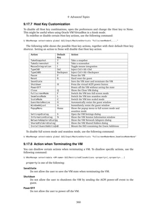 9 Advanced Topics
9.17.7 Host Key Customization
To disable all Host key combinations, open the preferences and change the Host key to None.
This might be useful when using Oracle VM VirtualBox in a kiosk mode.
To redefine or disable certain Host key actions, use the following command:
$ VBoxManage setextradata global GUI/Input/MachineShortcuts "FullscreenMode=F,...."
The following table shows the possible Host key actions, together with their default Host key
shortcut. Setting an action to None will disable that Host key action.
Action Default
Key
Action
TakeSnapshot T Take a snapshot
TakeScreenshot E Take a screenshot
MouseIntegration I Toggle mouse integration
TypeCAD Del Inject Ctrl+Alt+Del
TypeCABS Backspace Inject Ctrl+Alt+Backspace
Pause P Pause the VM
Reset R Hard reset the guest
SaveState Save the VM state and terminate the VM
Shutdown H Press the virtual ACPI power button
PowerOff Power off the VM without saving the state
Close Q Show the Close VM dialog
FullscreenMode F Switch the VM into full screen mode
SeamlessMode L Switch the VM into seamless mode
ScaleMode C Switch the VM into scaled mode
GuestAutoResize G Automatically resize the guest window
WindowAdjust A Immediately resize the guest window
PopupMenu Home Show the popup menu in full screen mode and
seamless mode
SettingsDialog S Open the VM Settings dialog
InformationDialog N Show the VM Session Information window
NetworkAdaptersDialog Show the VM Network Adapters dialog
SharedFoldersDialog Show the VM Shared Folders dialog
InstallGuestAdditions
D Mount the ISO containing the Guest Additions
To disable full screen mode and seamless mode, use the following command:
$ VBoxManage setextradata global GUI/Input/MachineShortcuts "FullscreenMode=None,SeamlessMode=None"
9.17.8 Action when Terminating the VM
You can disallow certain actions when terminating a VM. To disallow specific actions, use the
following command:
$ VBoxManage setextradata <VM-name> GUI/RestrictedCloseActions <property>[,<property>...]
property is one of the following:
SaveState
Do not allow the user to save the VM state when terminating the VM.
Shutdown
Do not allow the user to shutdown the VM by sending the ACPI power-off event to the
guest.
PowerOff
Do not allow the user to power off the VM.
360
 