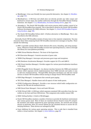 10 Technical Background
• VBoxManage: A less user-friendly but more powerful alternative. See chapter 8, VBoxMan-
age, page 153.
• VBoxHeadless: A VM front end which does not directly provide any video output and
keyboard or mouse input, but enables redirection through the VirtualBox Remote Desktop
Extension. See chapter 7.1.2, VBoxHeadless, the Remote Desktop Server, page 143.
• vboxwebsrv: The Oracle VM VirtualBox web service process which enables control of an
Oracle VM VirtualBox host remotely. This is described in detail in the Oracle VM VirtualBox
Software Development Kit (SDK) reference. See chapter 11, Oracle VM VirtualBox Program-
ming Interfaces, page 396.
• The Oracle VM VirtualBox Python shell: A Python alternative to VBoxManage. This is also
described in the SDK reference.
Internally, Oracle VM VirtualBox consists of many more or less separate components. You may
encounter these when analyzing Oracle VM VirtualBox internal error messages or log files. These
include the following:
• IPRT: A portable runtime library which abstracts file access, threading, and string manipu-
lation. Whenever Oracle VM VirtualBox accesses host operating features, it does so through
this library for cross-platform portability.
• VMM (Virtual Machine Monitor): The heart of the hypervisor.
• EM (Execution Manager): Controls execution of guest code.
• TRPM (Trap Manager): Intercepts and processes guest traps and exceptions.
• HM (Hardware Acceleration Manager): Provides support for VT-x and AMD-V.
• GIM (Guest Interface Manager): Provides support for various paravirtualization interfaces
to the guest.
• PDM (Pluggable Device Manager): An abstract interface between the VMM and emulated
devices which separates device implementations from VMM internals and makes it easy
to add new emulated devices. Through PDM, third-party developers can add new virtual
devices to Oracle VM VirtualBox without having to change Oracle VM VirtualBox itself.
• PGM (Page Manager): A component that controls guest paging.
• TM (Time Manager): Handles timers and all aspects of time inside guests.
• CFGM (Configuration Manager): Provides a tree structure which holds configuration set-
tings for the VM and all emulated devices.
• SSM (Saved State Manager): Saves and loads VM state.
• VUSB (Virtual USB): A USB layer which separates emulated USB controllers from the con-
trollers on the host and from USB devices. This component also enables remote USB.
• DBGF (Debug Facility): A built-in VM debugger.
• Oracle VM VirtualBox emulates a number of devices to provide the hardware environment
that various guests need. Most of these are standard devices found in many PC compati-
ble machines and widely supported by guest operating systems. For network and storage
devices in particular, there are several options for the emulated devices to access the un-
derlying hardware. These devices are managed by PDM.
• Guest Additions for various guest operating systems. This is code that is installed from
within a virtual machine. See chapter 4, Guest Additions, page 88.
392
 