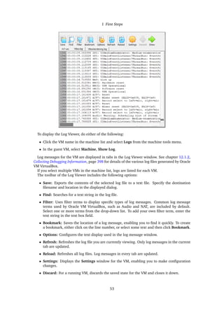 1 First Steps
To display the Log Viewer, do either of the following:
• Click the VM name in the machine list and select Logs from the machine tools menu.
• In the guest VM, select Machine, Show Log.
Log messages for the VM are displayed in tabs in the Log Viewer window. See chapter 12.1.2,
Collecting Debugging Information, page 398 for details of the various log files generated by Oracle
VM VirtualBox.
If you select multiple VMs in the machine list, logs are listed for each VM.
The toolbar of the Log Viewer includes the following options:
• Save: Exports the contents of the selected log file to a text file. Specify the destination
filename and location in the displayed dialog.
• Find: Searches for a text string in the log file.
• Filter: Uses filter terms to display specific types of log messages. Common log message
terms used by Oracle VM VirtualBox, such as Audio and NAT, are included by default.
Select one or more terms from the drop-down list. To add your own filter term, enter the
text string in the text box field.
• Bookmark: Saves the location of a log message, enabling you to find it quickly. To create
a bookmark, either click on the line number, or select some text and then click Bookmark.
• Options: Configures the text display used in the log message window.
• Refresh: Refreshes the log file you are currently viewing. Only log messages in the current
tab are updated.
• Reload: Refreshes all log files. Log messages in every tab are updated.
• Settings: Displays the Settings window for the VM, enabling you to make configuration
changes.
• Discard: For a running VM, discards the saved state for the VM and closes it down.
53
 