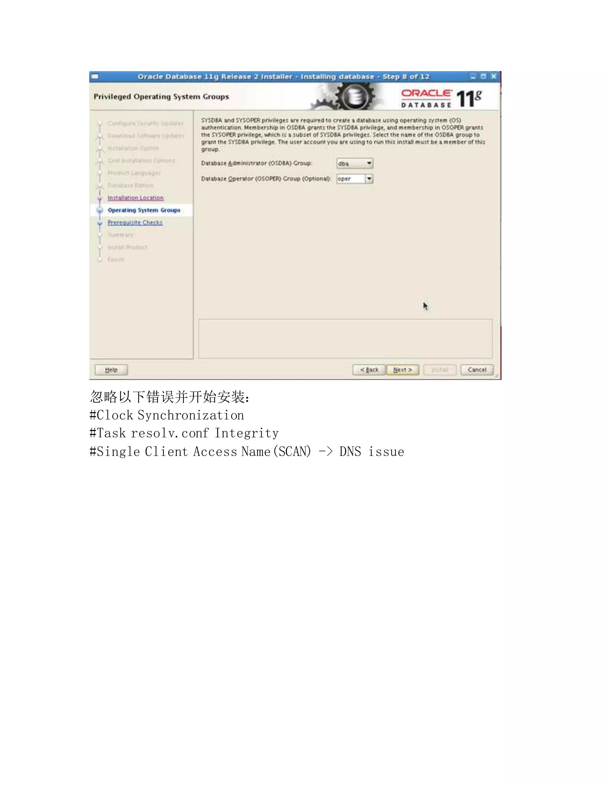 忽略以下错误并开始安装：
#Clock Synchronization
#Task resolv.conf Integrity
#Single Client Access Name(SCAN) -> DNS issue
 
